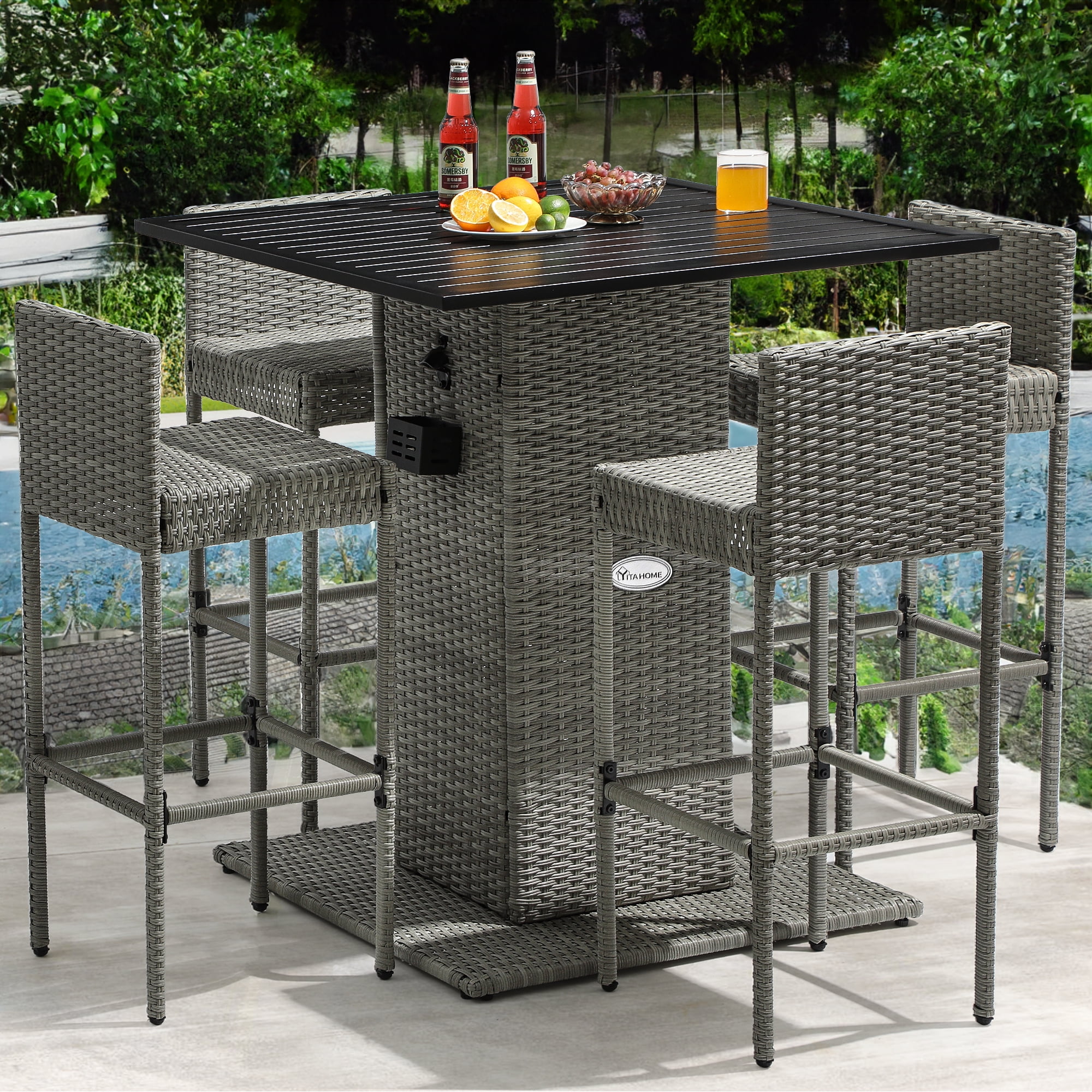 Dextrus 5-Piece All-Weather Wicker Bar Set, 4 Ergonomic Stools with Backrest and Bar Table with Metal Tabletop, Built-in Bottle Opener, and Storage Shelf, Gray