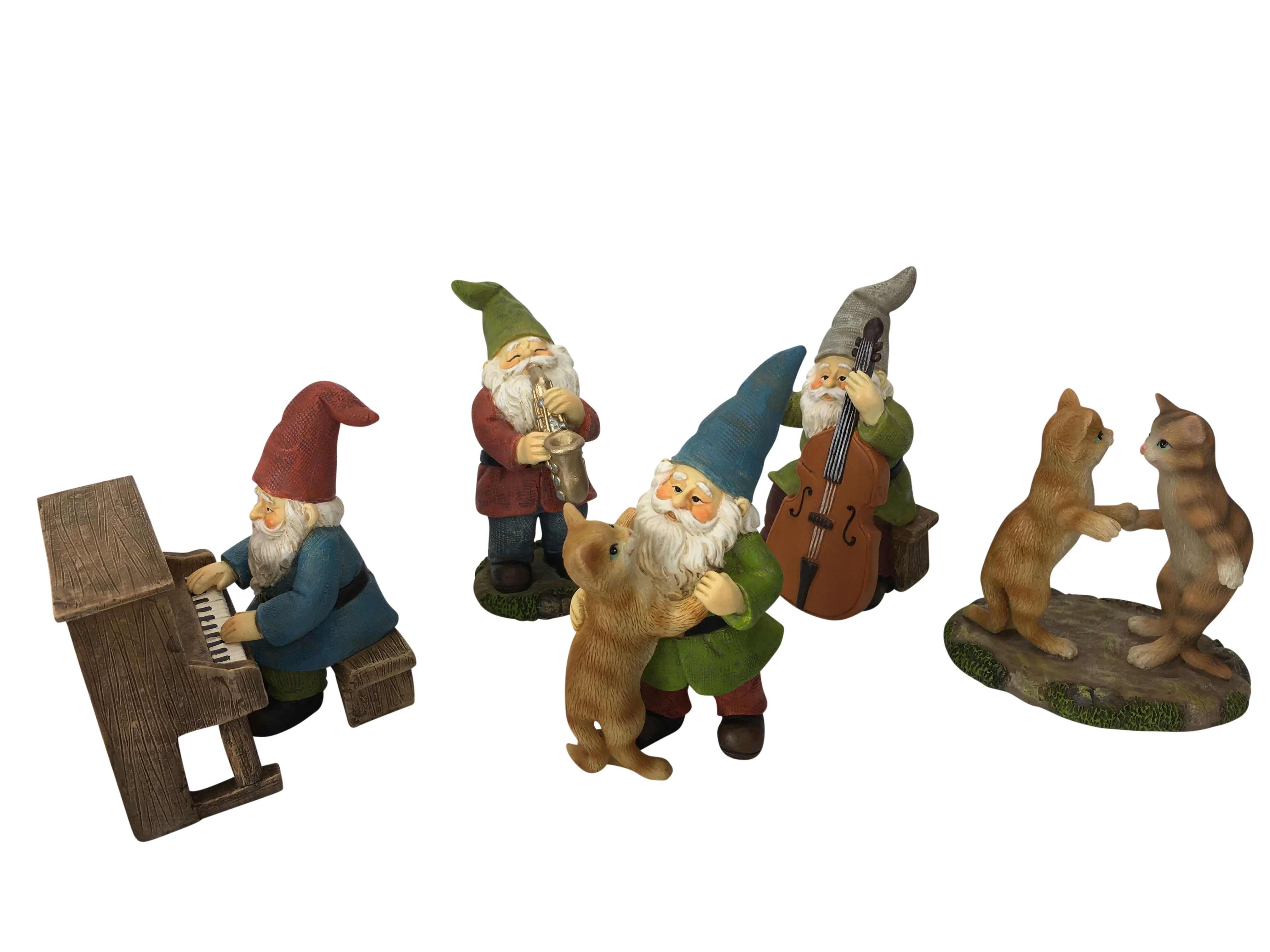 Happy Miniature Gnomes and Cats Dancing Celebration! - 6-Piece Musical Garden Gnome Set for the Miniature Fairy Garden by GlitZGlam