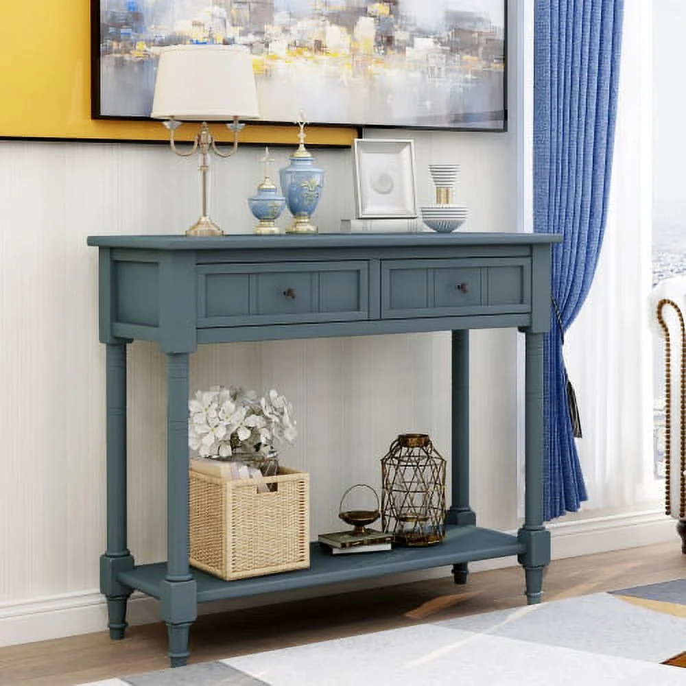 Wulawindy Daisy Series Console Table Traditional Design with Two Drawers and Bottom Shelf (Navy)