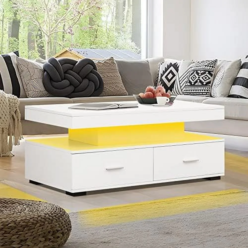SJOPLMN LED Coffee Table for Living Room  Coffee Table with Lights  Charging Station  21 Color Change  Modern  Smart 2 Tiers Tea Table  Rectangle Design  White