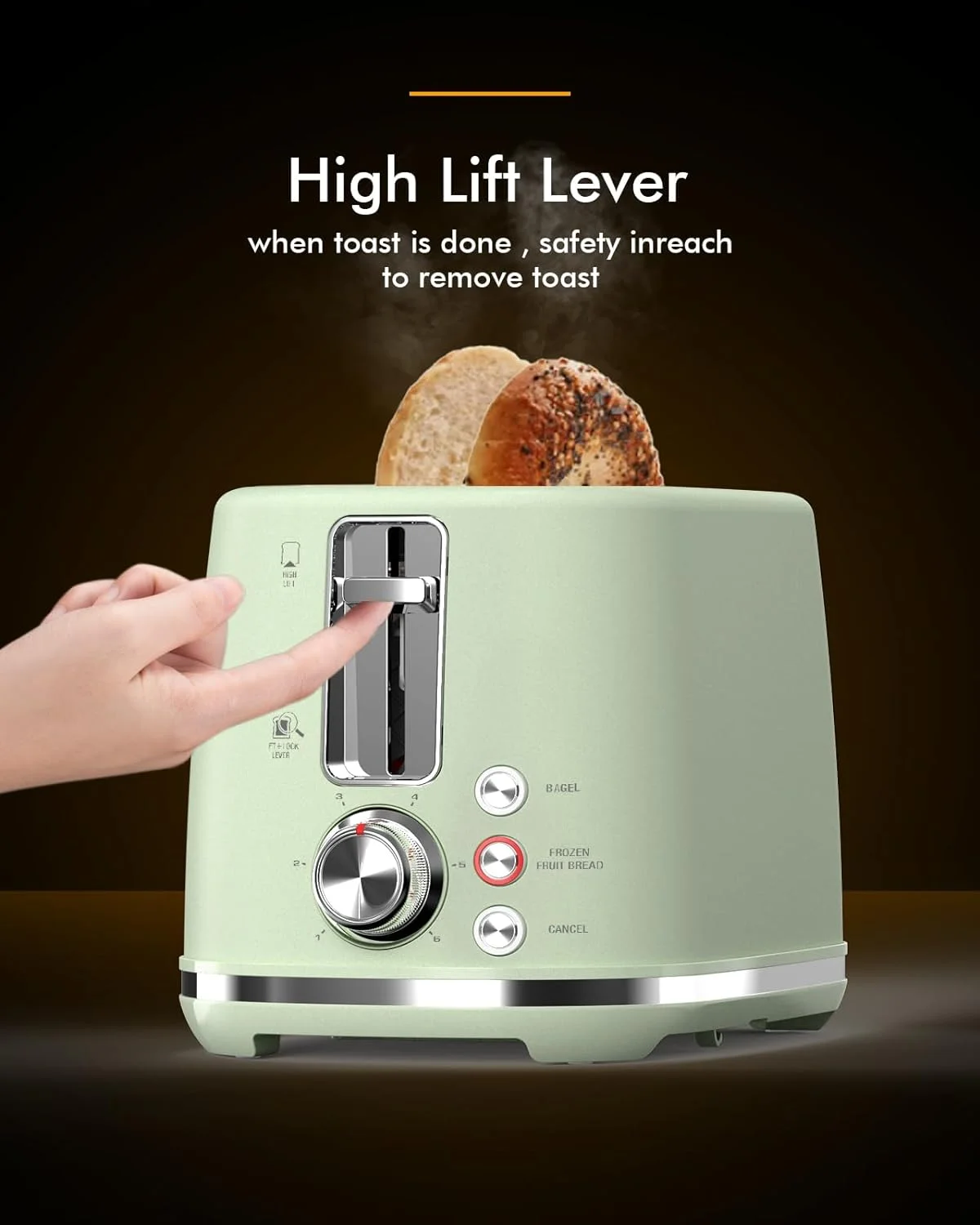 Toaster with Extra Wide Slots & Removable Crumb Tray - 6 Browning Options, with Lift + Look, Auto Shut Off & Frozen Function, Toast Fruit Bread, Bagel & Waffle, Pastel Green