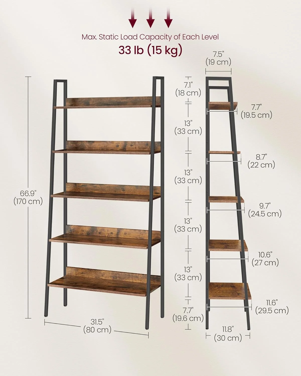 5-Tier Ladder Bookshelf: Rustic Brown & Ink Black, Home Office, Living Room, Bedroom