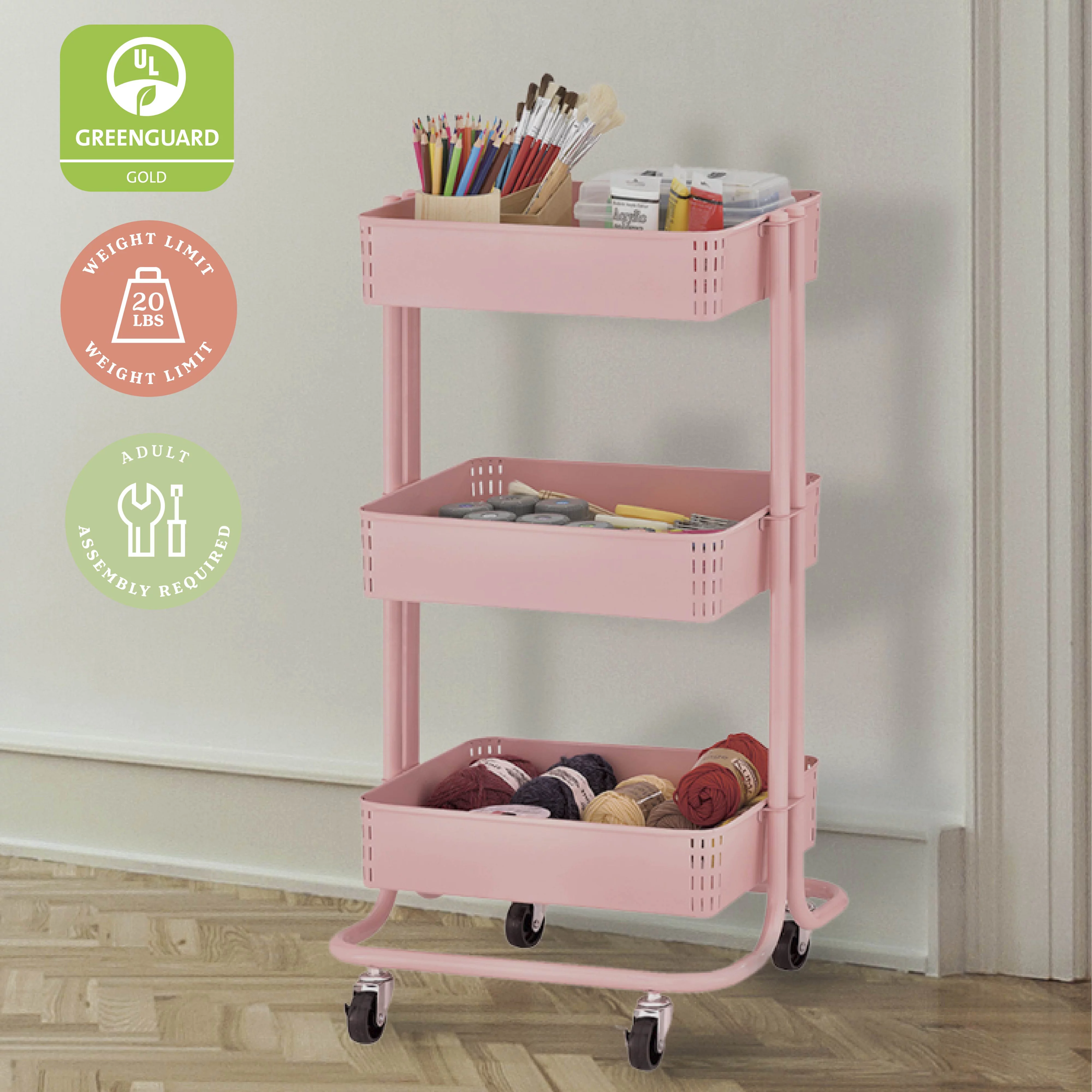 ECR4Kids 3-Tier Metal Rolling Utility Cart, Pink