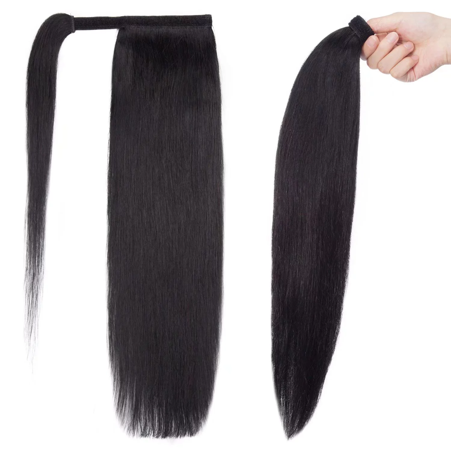 Benehair Clip in Ponytail Hair Extensions Human Hair Ponytail Wrap Around Remy Hair One Piece Silky Straight Human Hair Extensions 22inch #01 Jet Black 95g/pack