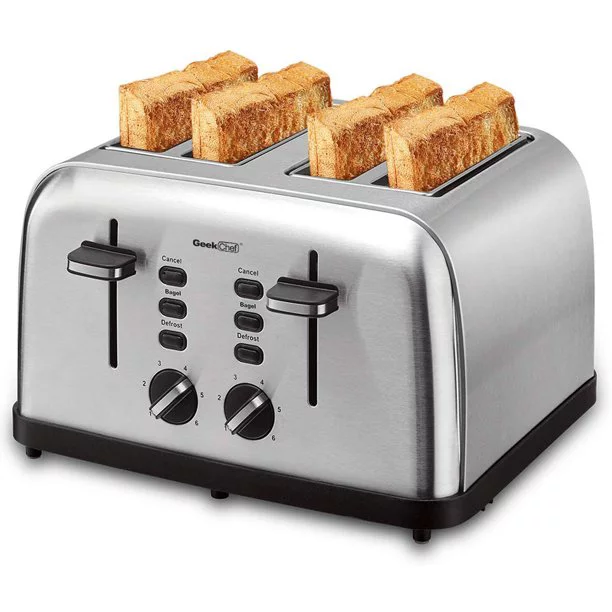 Risewill Extra Wide Slots Four Slice Toaster, Bagel/Defrost/Cancel Function 6 Browning Settings Auto Pop-up Removable Crumb Tray (4-slice), Stainless Steel