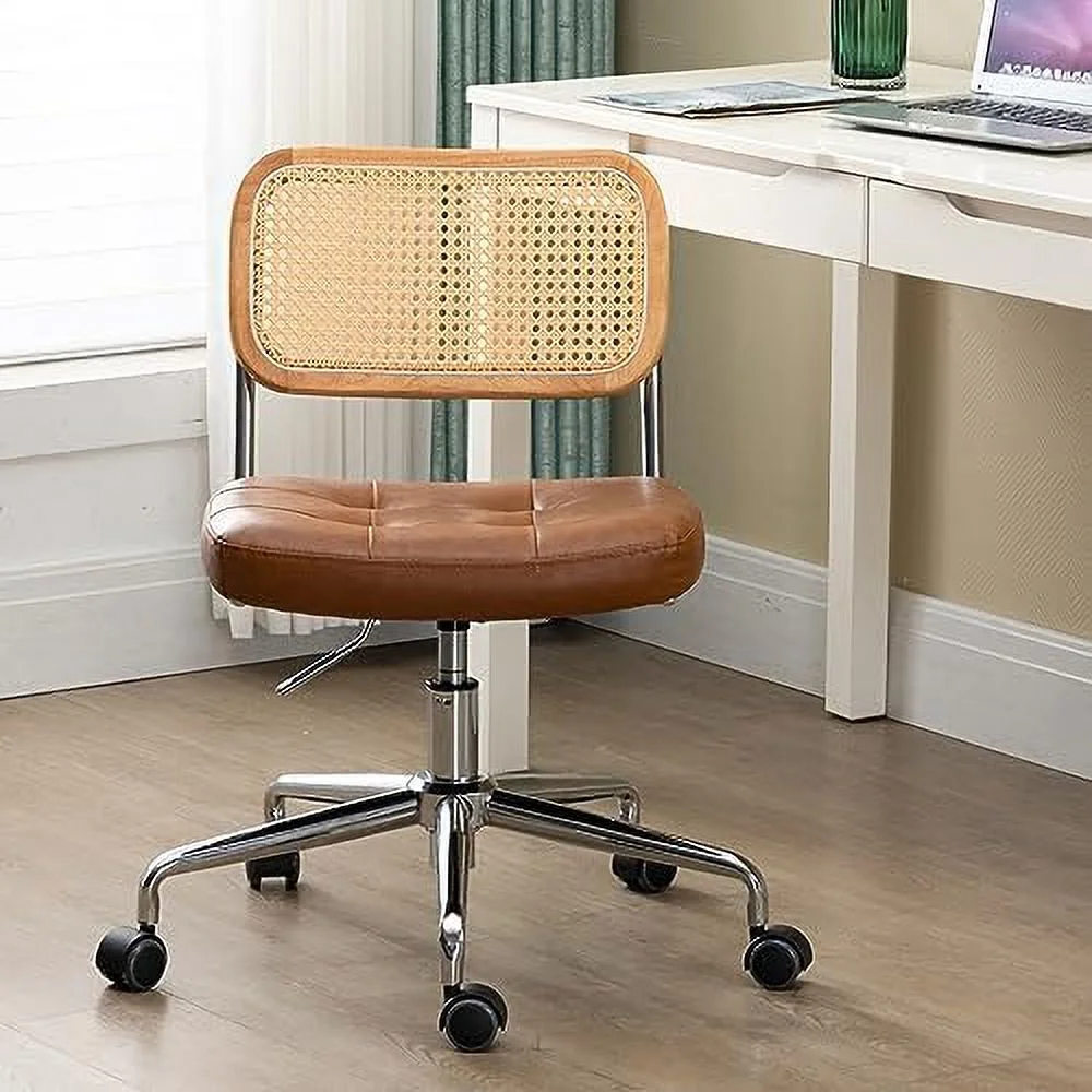 Armless  Office Chair with Wheels  JOMA Leather Desk Chair with Rattan Back for Office Study  Adjustable Upholstered Tufted Swivel Computer Task Chair  Brown