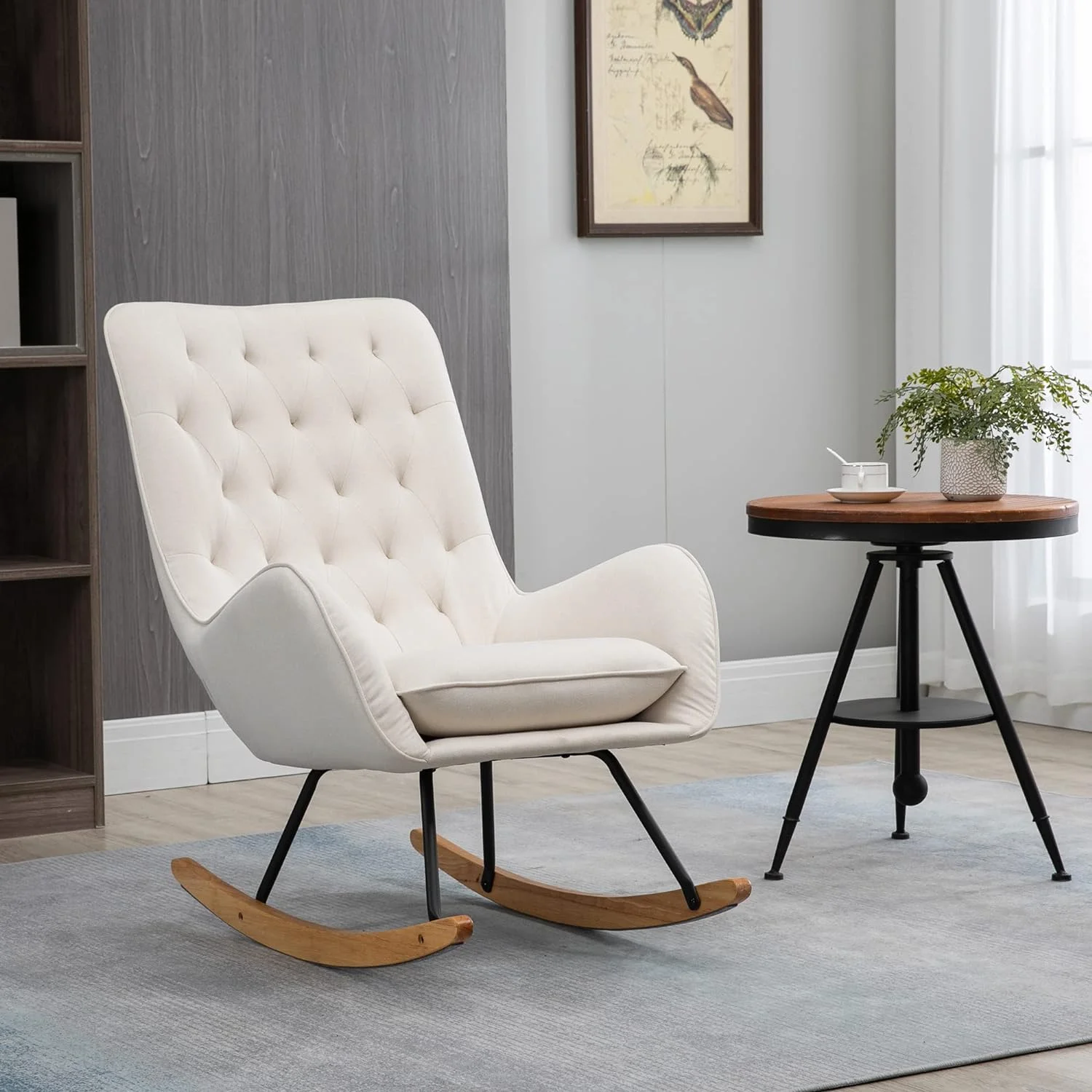 xrboomlife Mid-Century Fabric Rocking Chair Sofa Armchair Tufted Rocker Wingback Accent Chair with Padded Seat  Rubber Wood Base for Home Studio  Bedroom  Living Room  Cream White