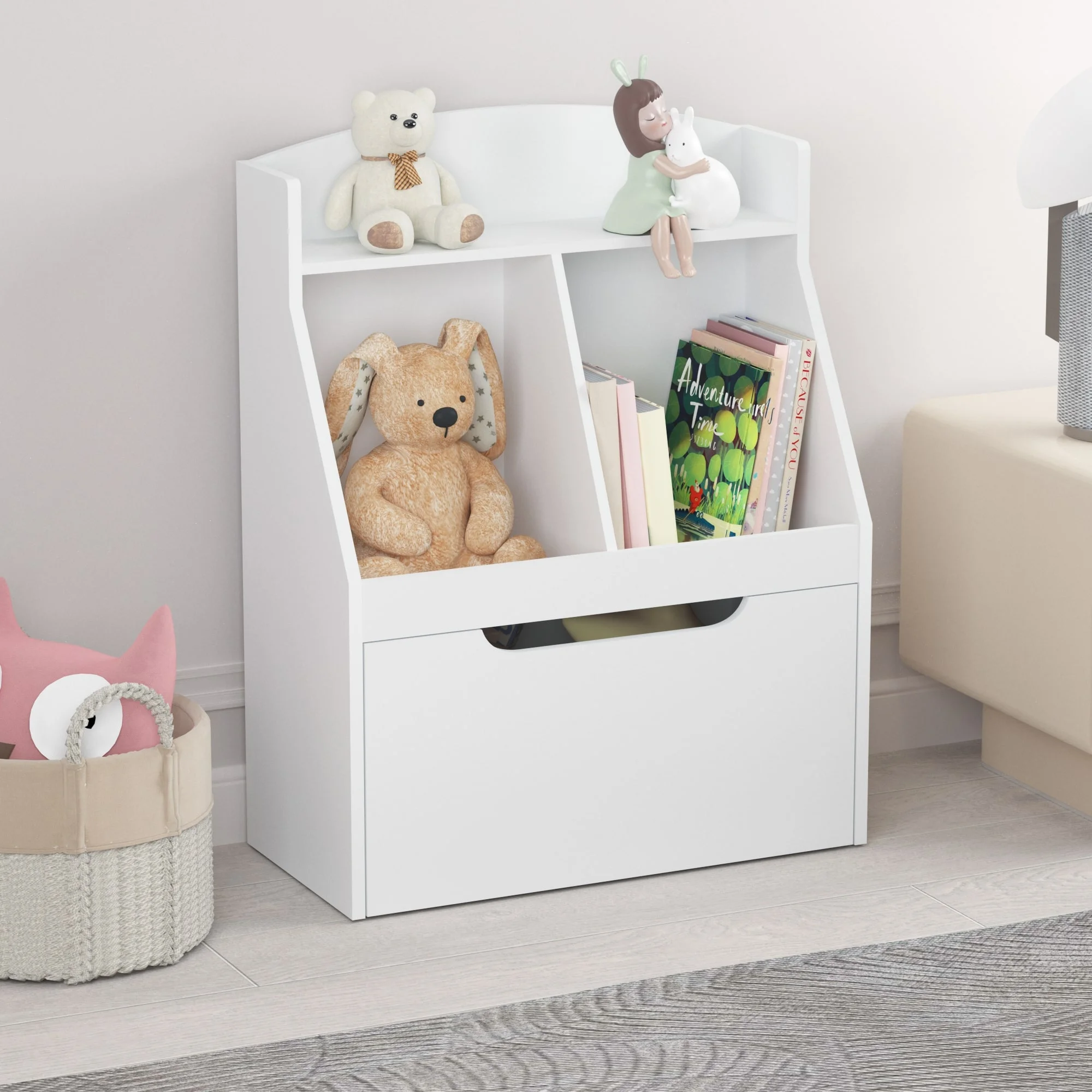 UHOMEPRO Bookshelves and Toy Storage Organizer, Small Bookshelf for Kids, Simple Bookshelf with Rolling Toy Box, White