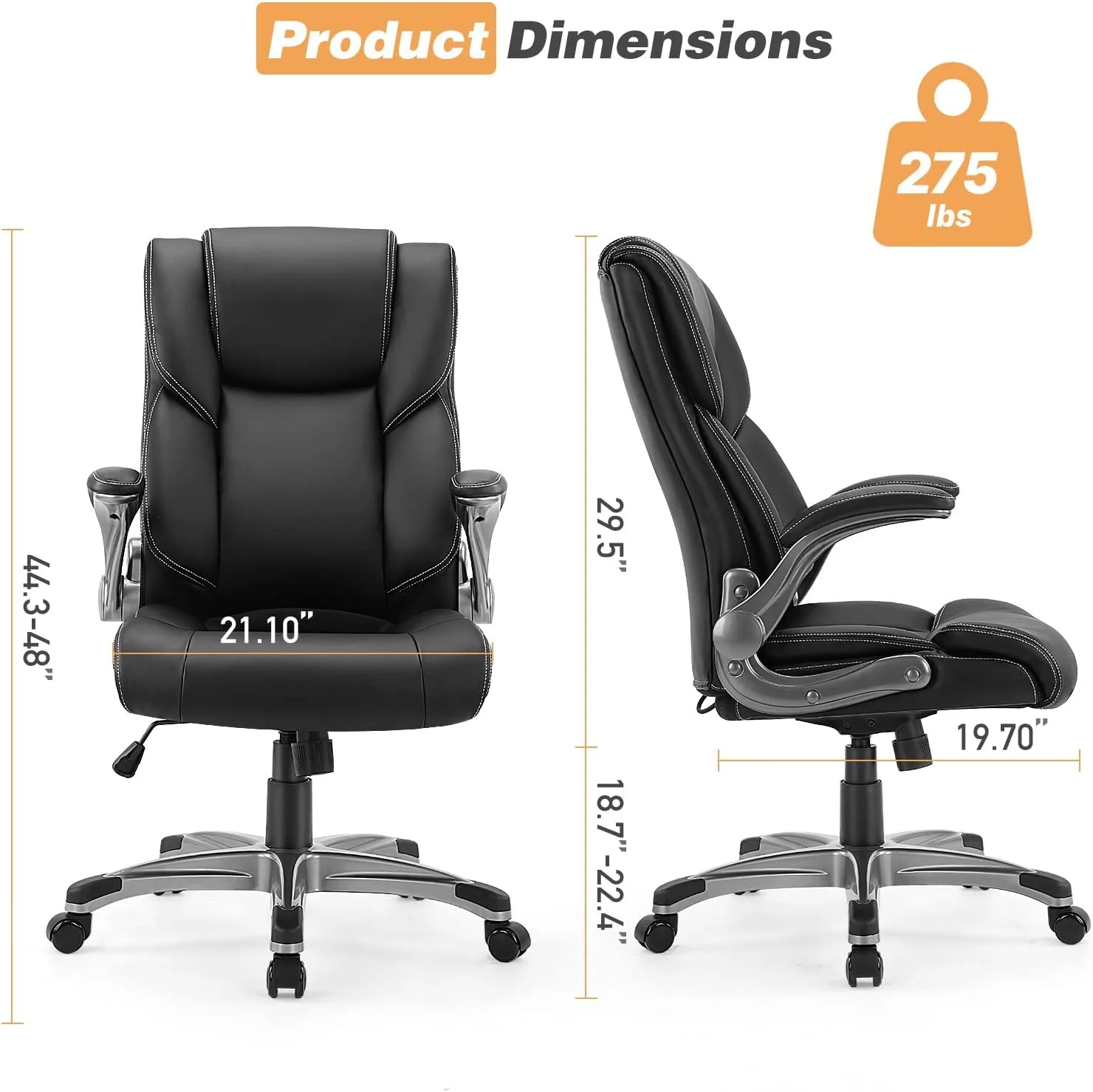 Office Chair Home Ergonomic Computer Hight Back Executive Desk Chairs, Adjustable Height Flip-Up Armrest Lumbar Support and Tilt Swivel Rocking PU Leather Chairs with Wheels Black