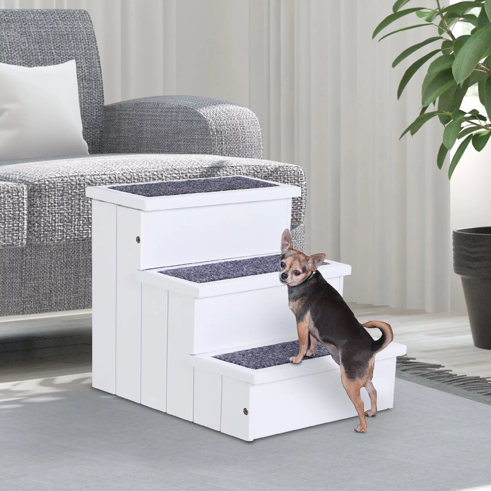 Pawhut 4 Step Wooden Carpeted Non Slip petstairs Ramp for Cats and Small Dogs, White