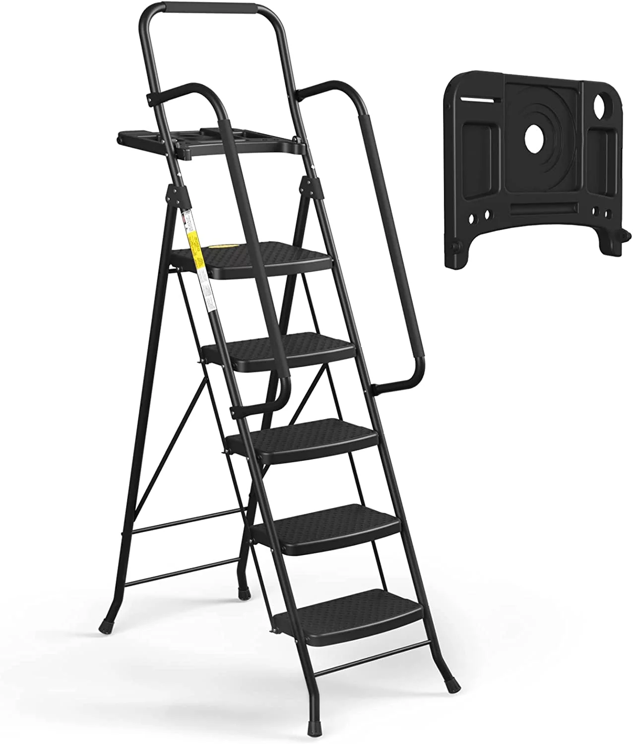 HOZO 5 Step Ladder with Handrails, Folding Step Stool with Tool Platform, 330 LBS Portable Steel Ladder for Adults for Home Kitchen Library Office, Black