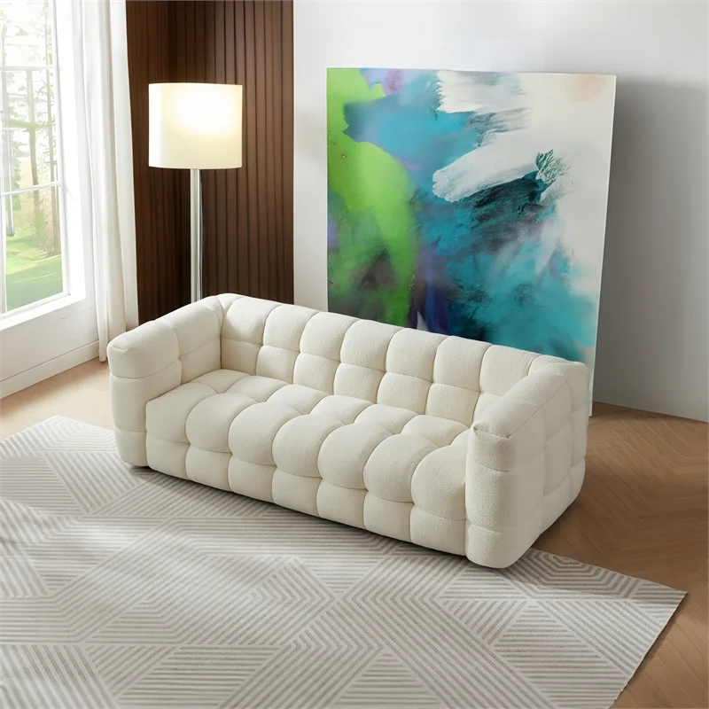 Hollis Mid Century Modern Living Room Cream Boucle Fabric Sofa