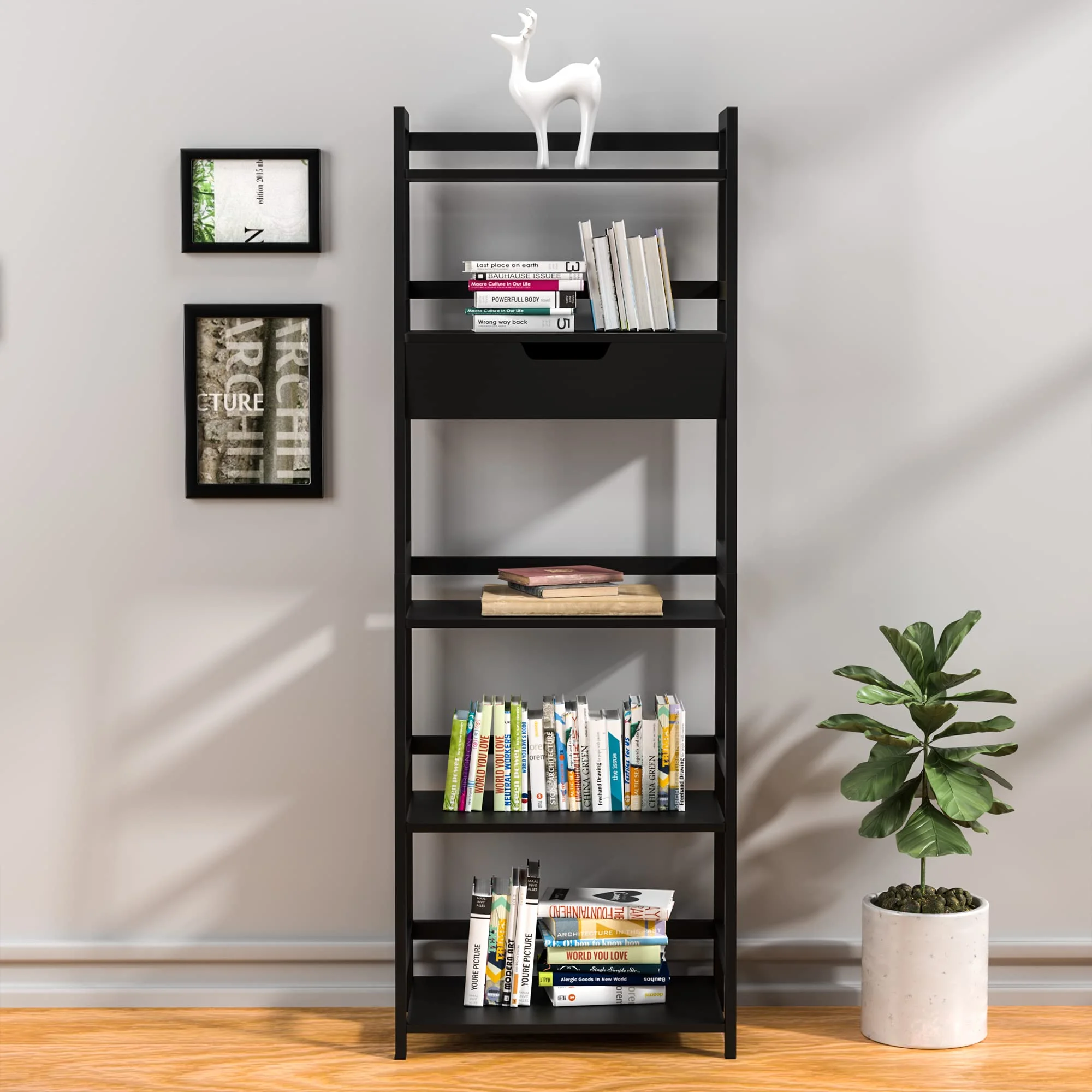 BZH 5 Tier Bamboo Tall Bookcase, Storage Book Shelves，Upgraded Bookshelf with Drawers Modern Open Ladder Shelf  Black