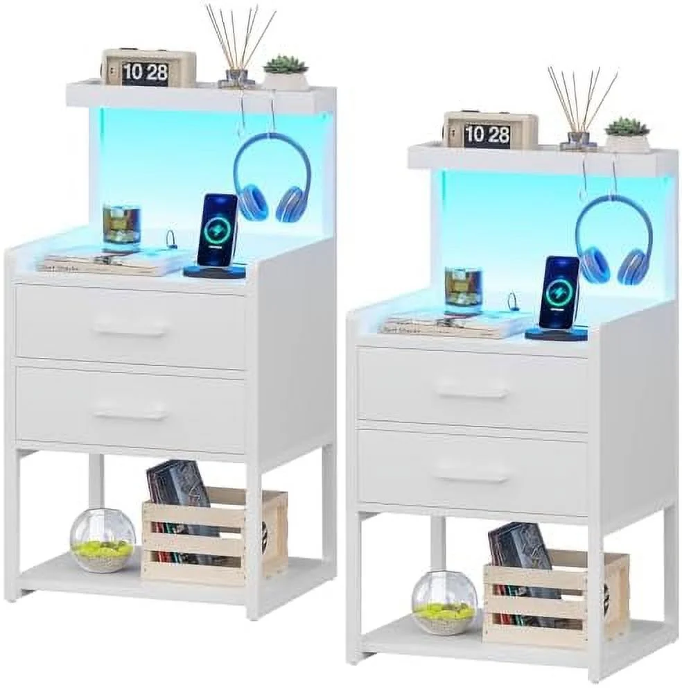 GVJMTKP LED Nightstand  with Charging Station  2 Drawers Night Stand with LED Lights for Bedroom  2 USB Ports  2 Power Outlets  Bed  with  Shelves  2 Pack  White