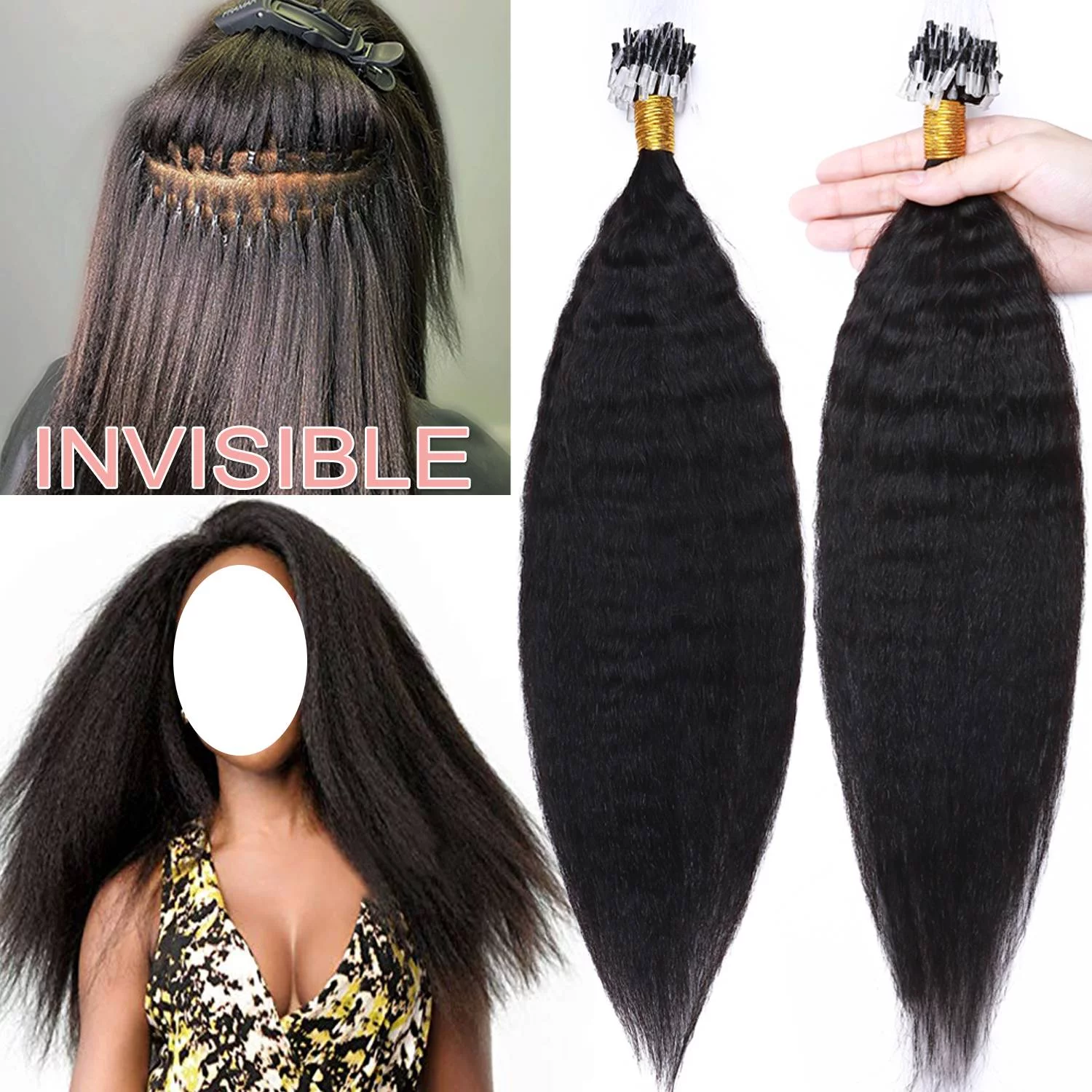 Benehair Human Hair Extensions Afro Kinny Straight Micro Loop Microlinks Remy Hair Full Head 1g Thick Black 200g