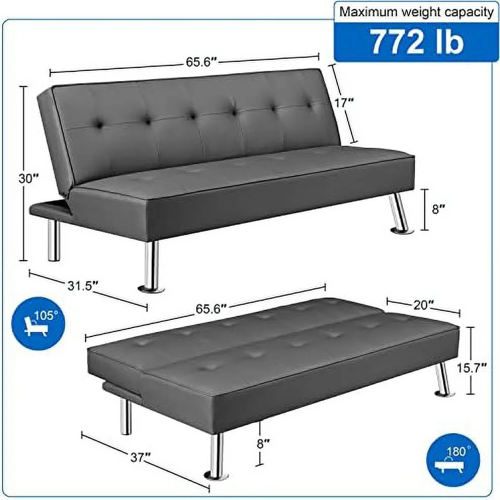 CHNBVC Convertible Sofa Couch Futon Bed Faux Leather Sofa Bed Sleeper Adjustable Loveseat Futon Couch Living Room  with Chrome Metal Legs  Brown