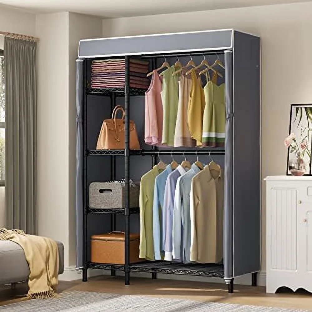 TJCGDTY V7C Wire Garment Rack 6 Tiers Heavy Duty Covered  with 2 Fabric Drawers  Freestanding Wardrobe Closet Metal Clothing Rack with Grey Oxford Fabric Cover  Max Load 562LBS