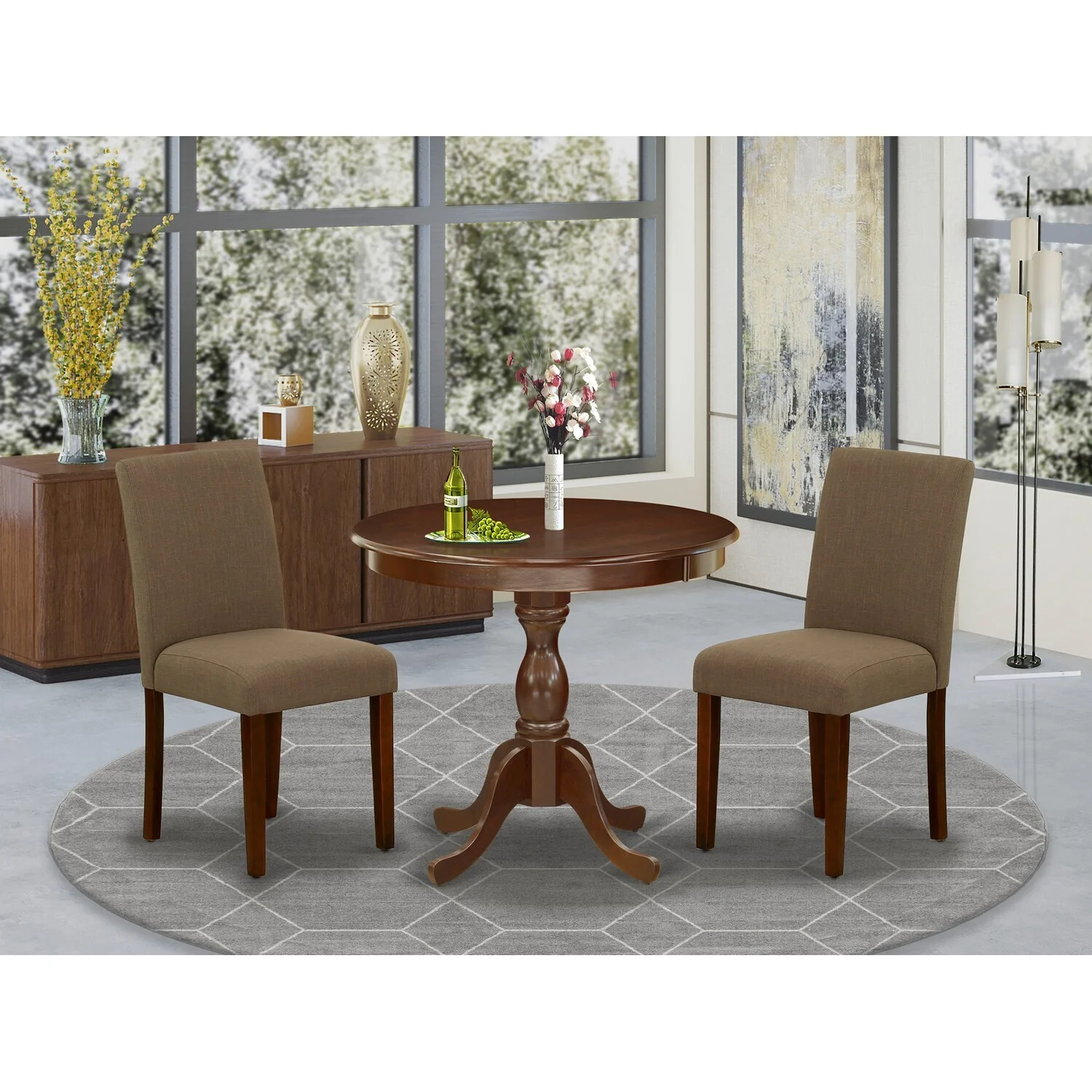 HomeStock Hollywood Regency 3 Piece Dining Room Set Contains 1 Kitchen Table And 2 Coffee Linen Fabric Upholstered Dining Chair With High Back Mahogany Finish