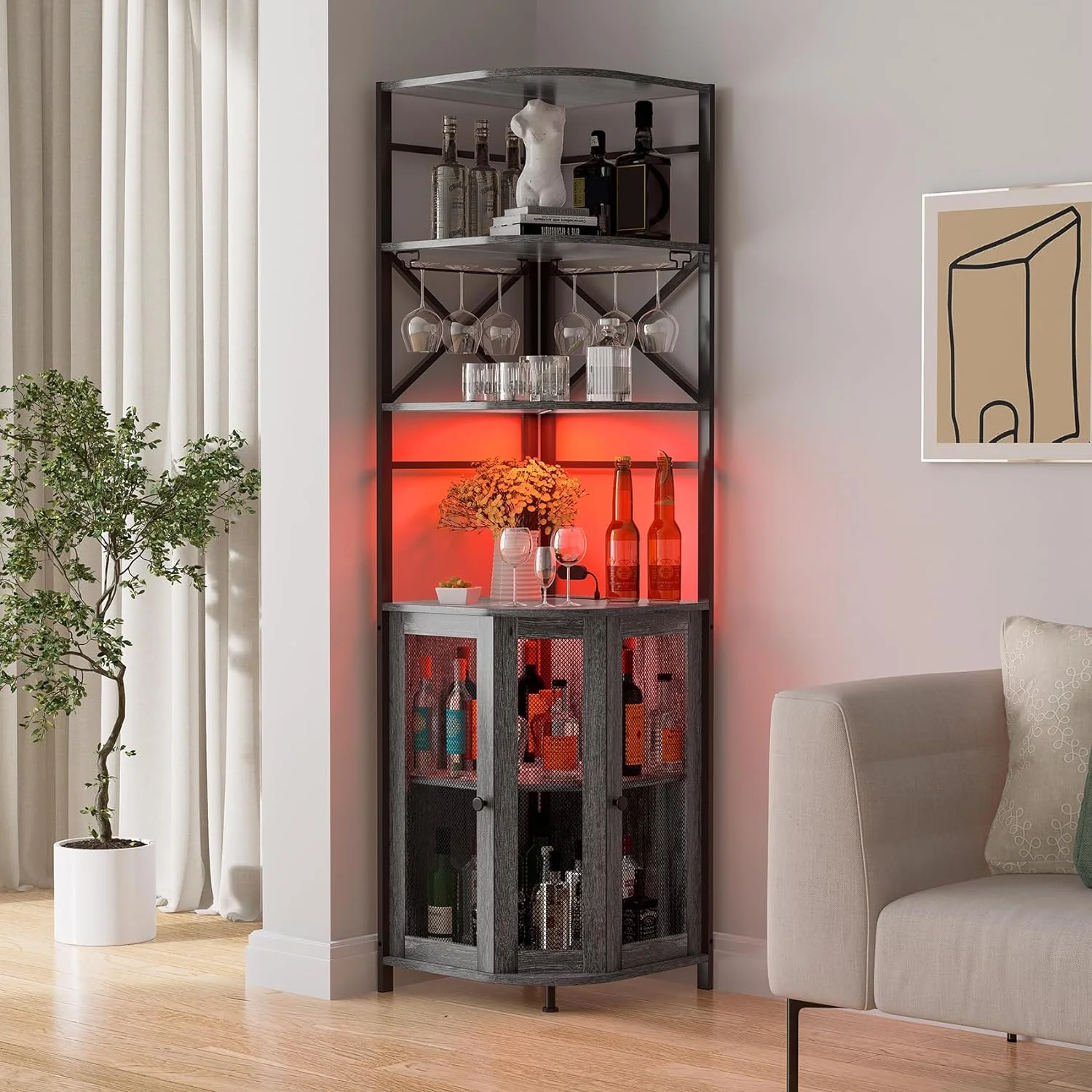 U-ToBe Wine Bar Cabinet with Power Outlet, 6-Tiers Industrial Wine Cabinet with LED Light and Glass Holder, Corner Bar Cabinet with Adjustable Shelf and Mesh Door, Liquor Cabinet Bar for Home