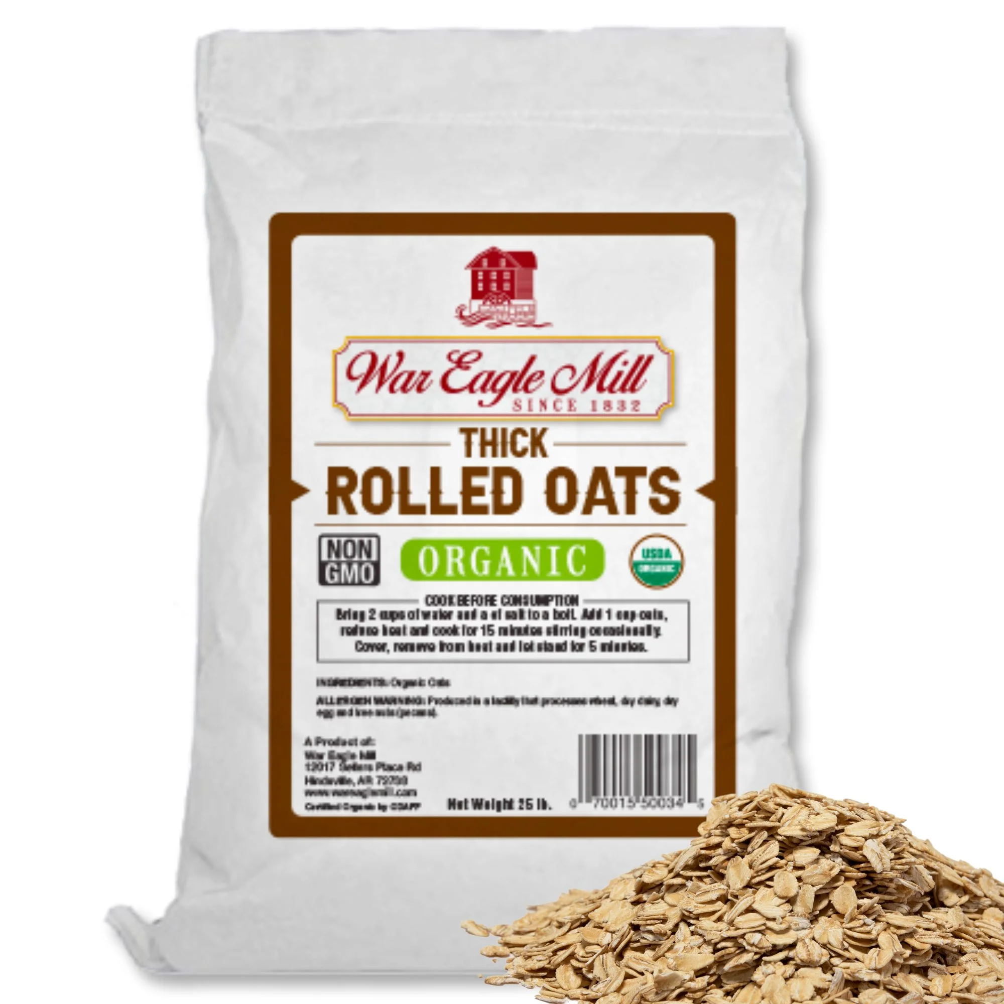War Eagle Mill Thick Rolled Oats, Organic and Non-GMO, 25 Pound Bag