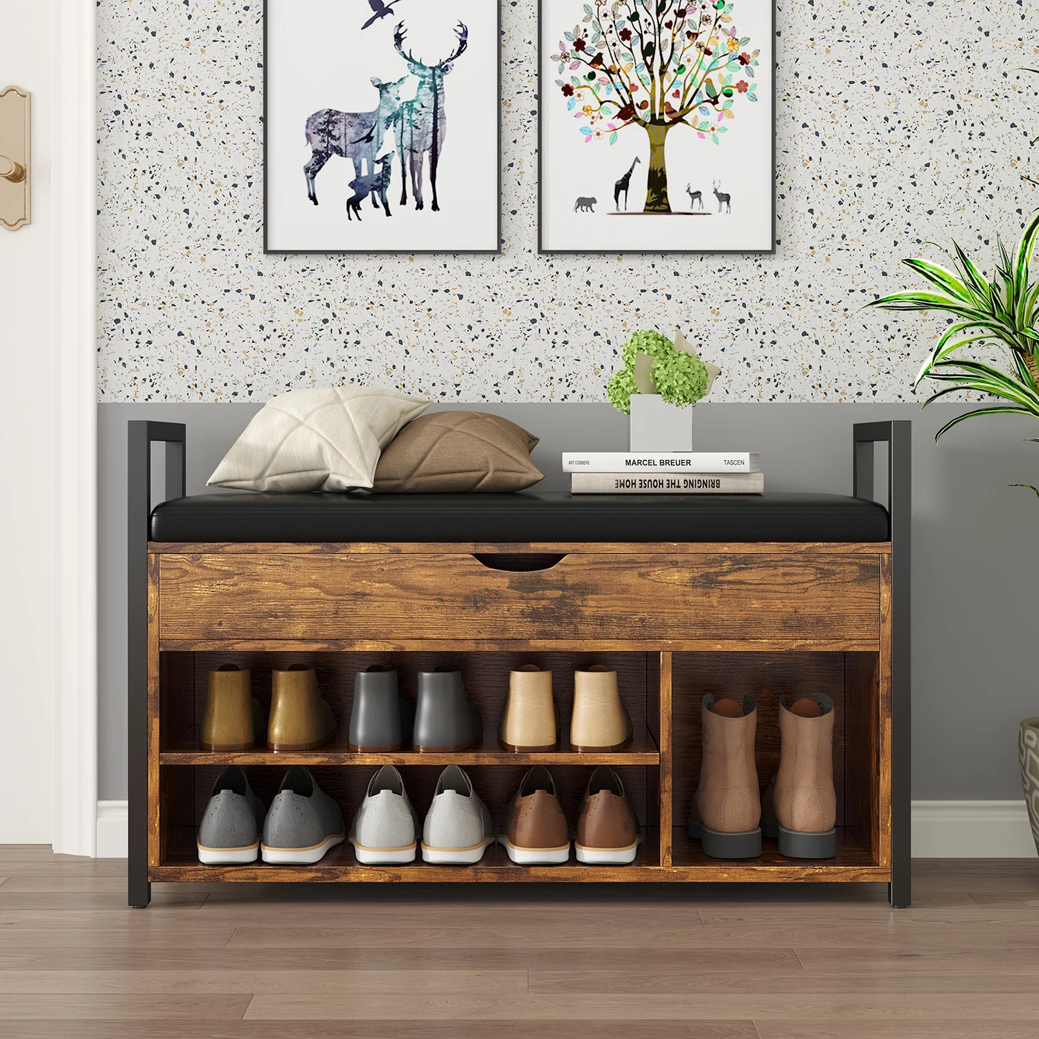 2 Tier Hallway Shoe Bench Entryway Storage Natural Solid Wood Organizer Rack, Black