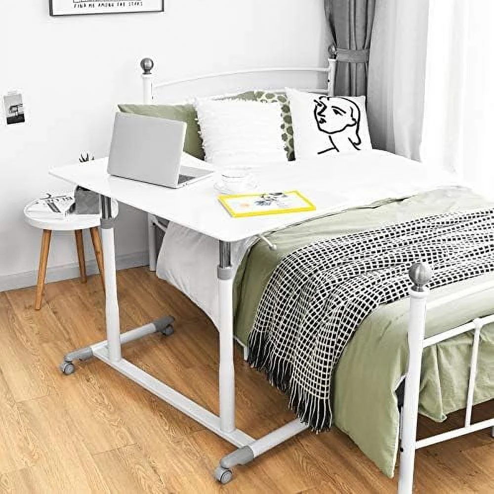 JDZHAPPYLIFE Mobile Computer Desk with Steel Frame  Small Height Adjustable Rolling Compact Stand Up Desk on Wheels  MDF PVC Tabletop  Ideal for Home Office  White