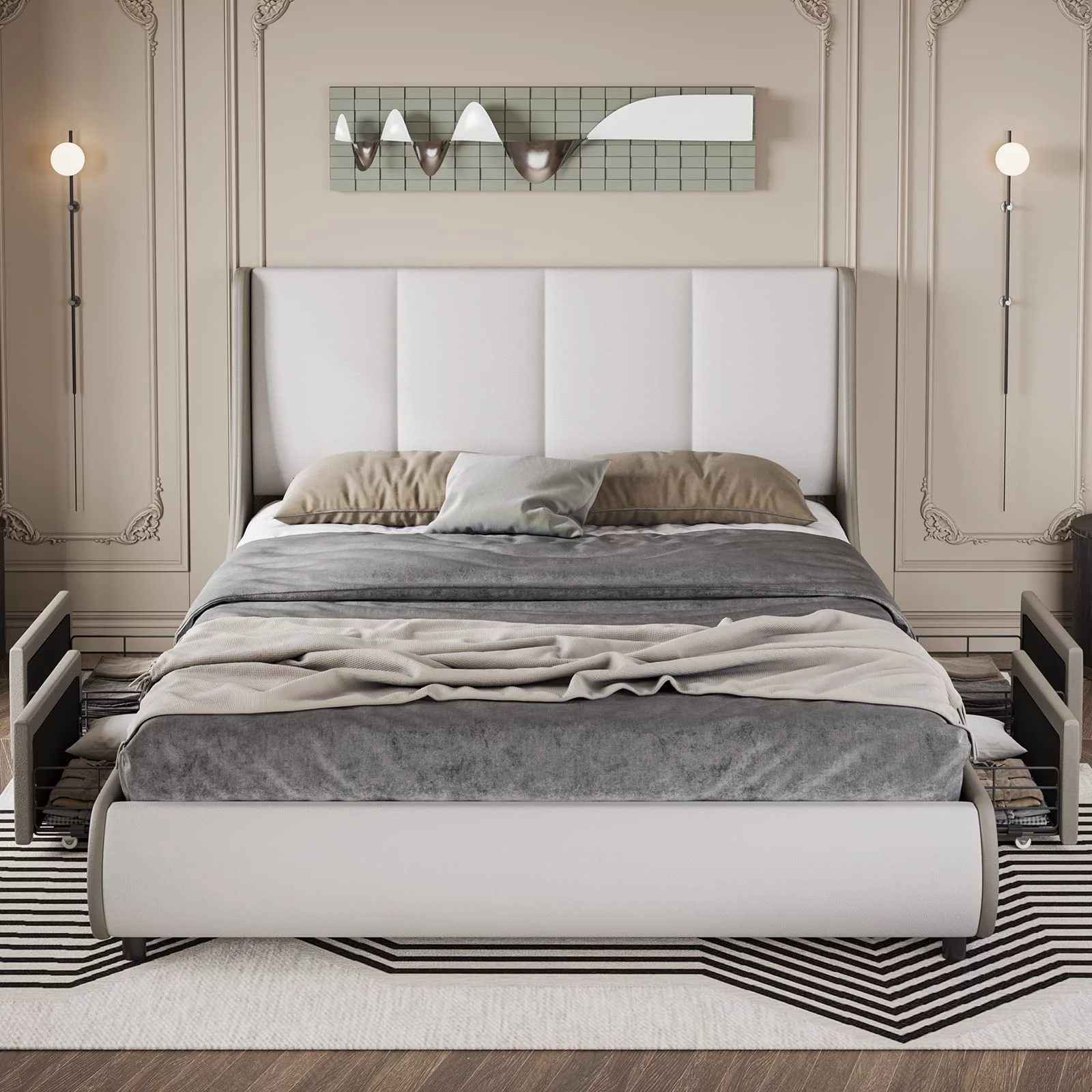 Faux Leather Storage Platform Bed Frame, Full Size Bed Frame with 4 Drawers, Upholstered Headboard Deluxe Wingback,Light White