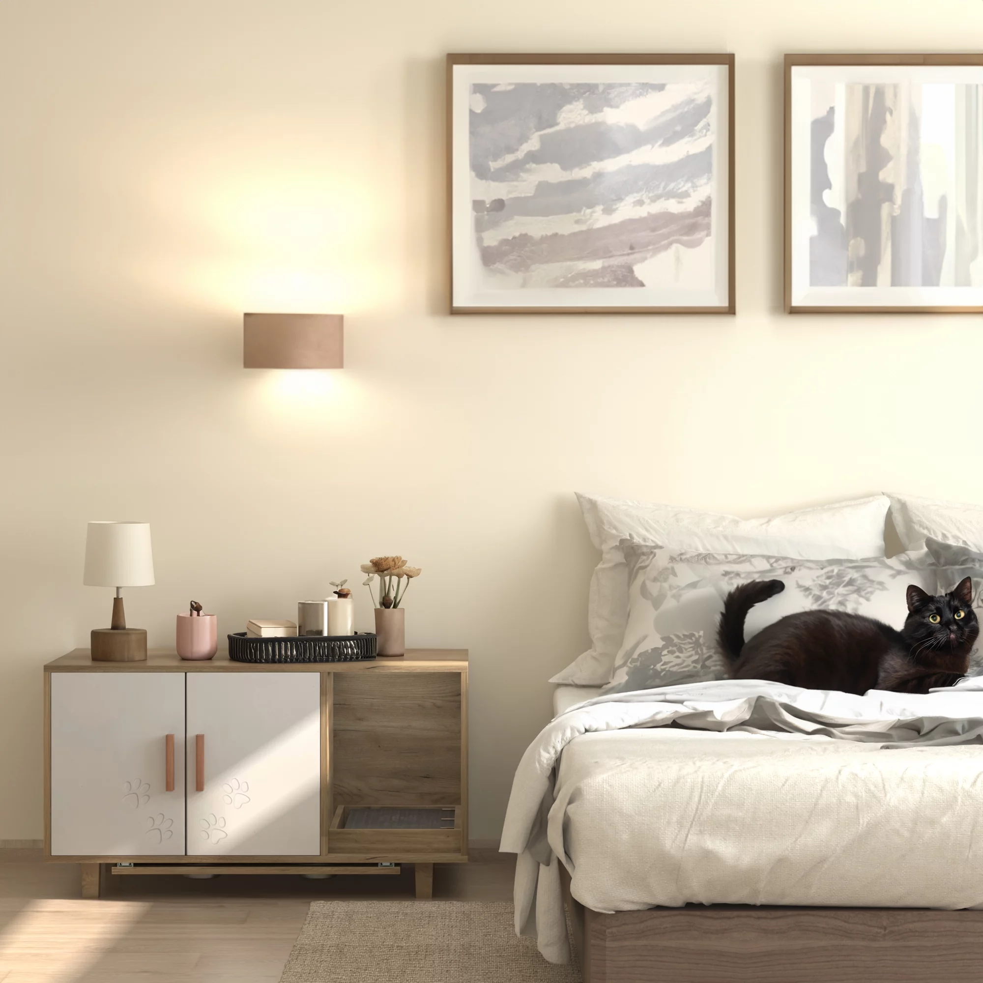 Tansole Extra Large Cat Litter Box Enclosure Houses with Cat Food Bowls and Scratch Pad for Indoor Cats, Hidden Cat Litter Box Furniture Cabinet, Cat Washroom, Modern Cat Home Nightstand