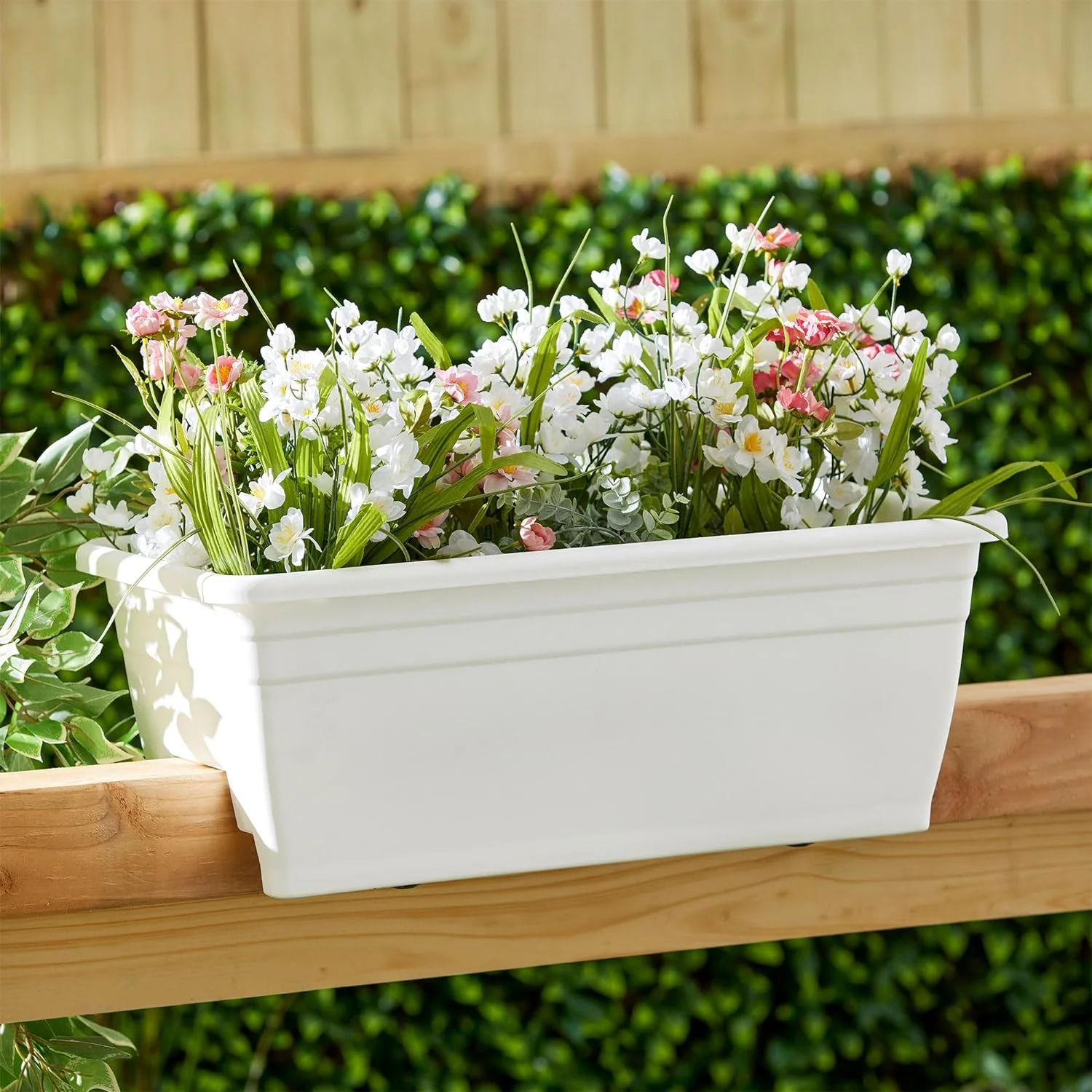 24 inches Deck Rail Box Planter with Easy Drainage Holes, Mounted Garden Flower Planter Boxes, White, Plastic, 4 Pack