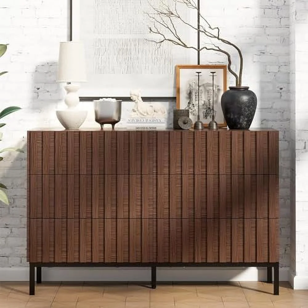 xrboomlife Mid Century Modern Dresser Natural Wood Dresser for Bedroom Fluted 6 Drawer Dresser with Metal Stand Accent Chest of Drawers for Bedroom Living Room Hallway(Natural)