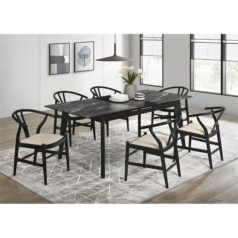 Pemberly Row Wood Dining Table Faux Marble Top and Extension Leaf Black