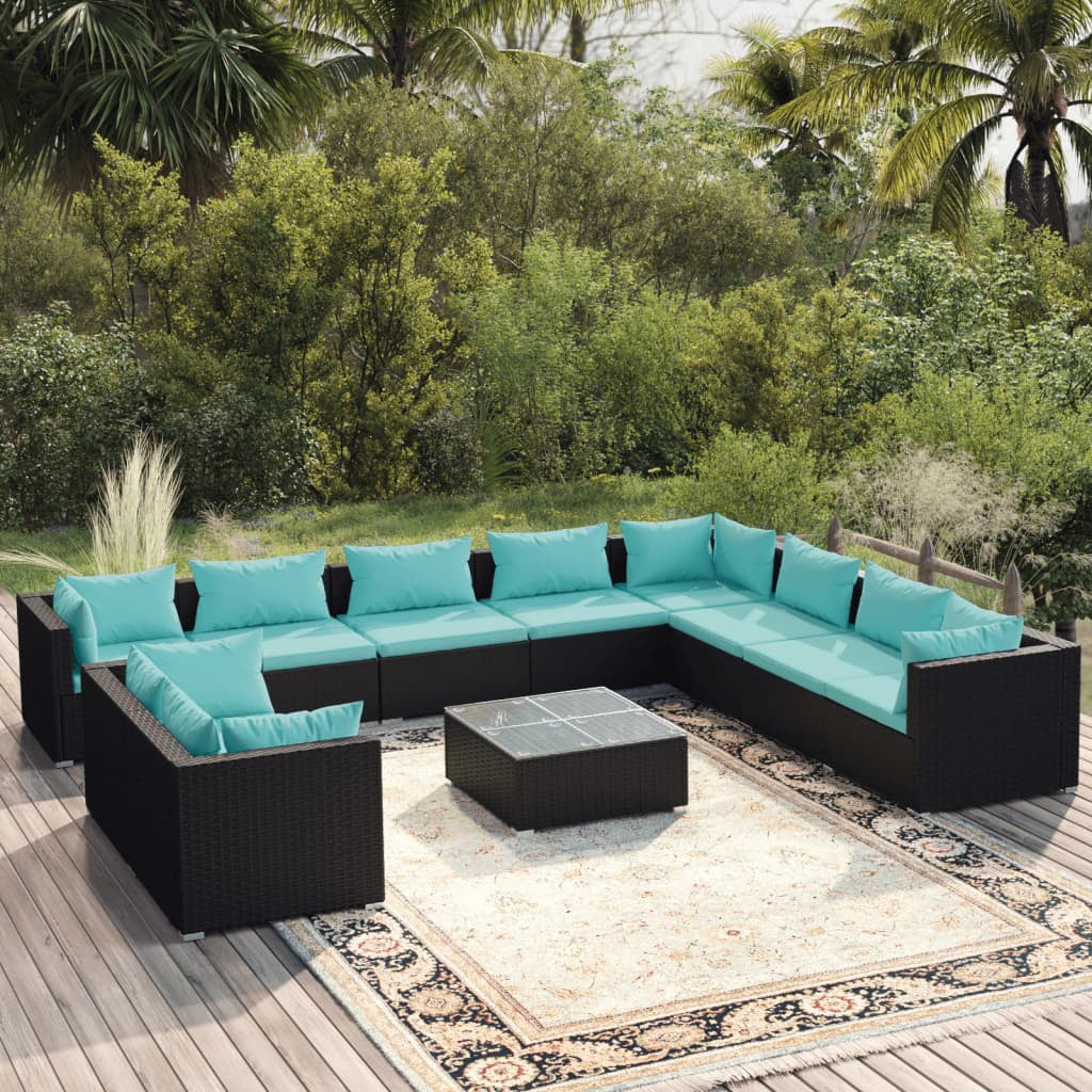 Anself 11 Piece Patio Set with Cushions Black Poly Rattan