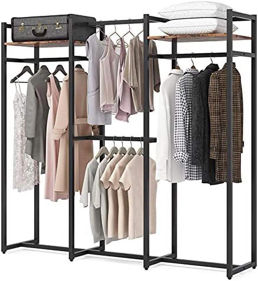 xrboomlife Garment Rack Heavy Duty   Free Standing Closet Organizer with Shelves and Hanging Rod  Large Metal Clothing Rack for Hallway  Bedroom  Max Load 500Lbs (Dark Black)