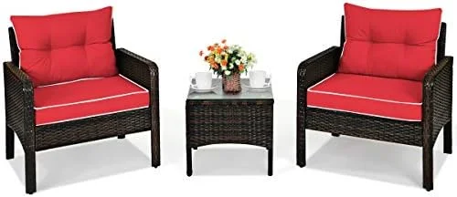 HBBOOMLIFE 3 Pieces Patio  Set Outdoor Rattan Wicker Coffee Table & Chairs Set with Seat Cushions Patio Conversation Set for Garden Balcony Backyard Poolside