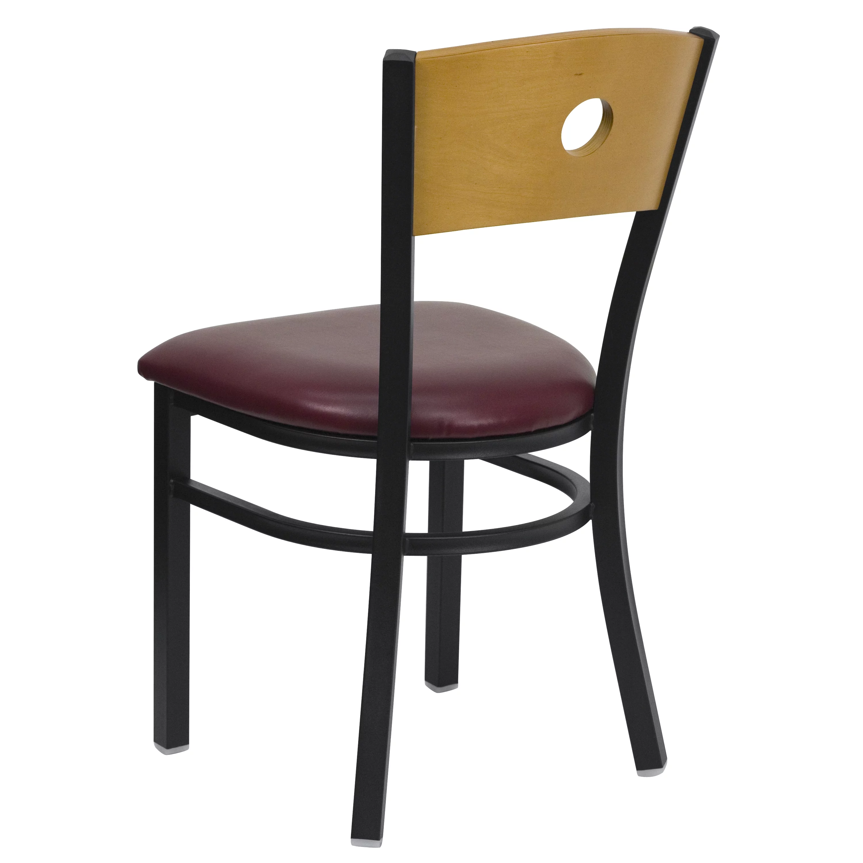 BizChair Black Circle Back Metal Restaurant Chair - Natural Wood Back, Burgundy Vinyl Seat