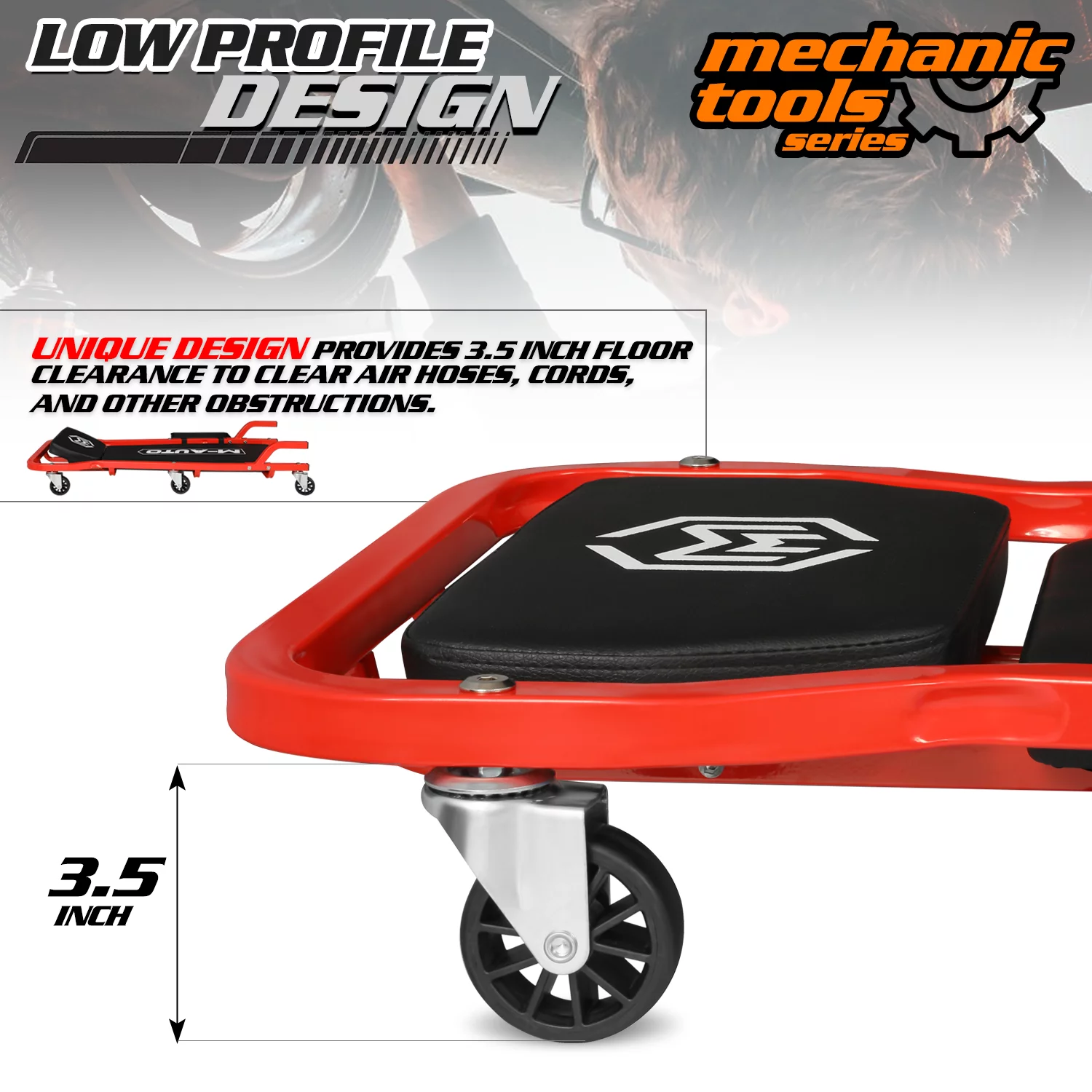 M-AUTO 42.5 Inches Upholstered Rolling Creeper Mechanic Cart with Adjustable Headrest & Handle and 6 Casters, 300 lbs Capacity, Red