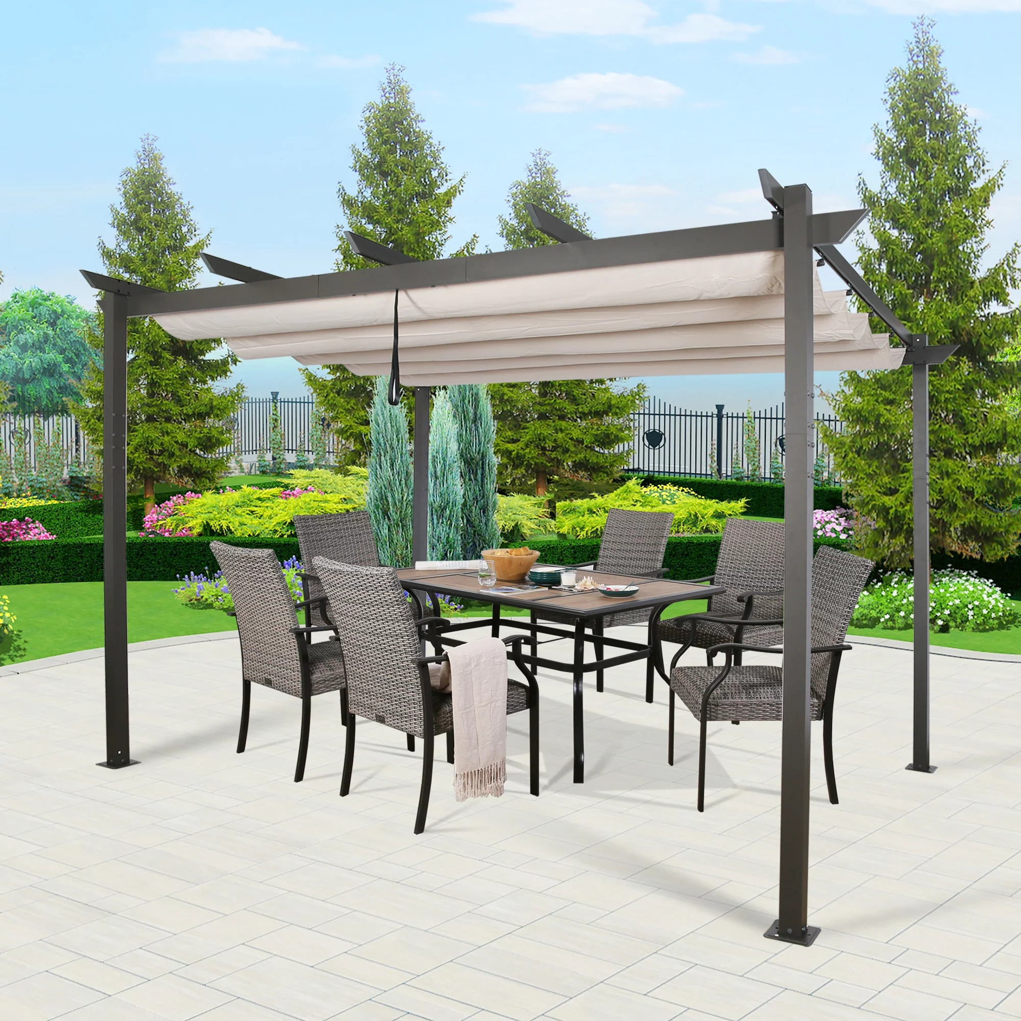 Ulax Furniture Outdoor 10'L x13'W Aluminum Pergola with Retractable Canopy, Beige