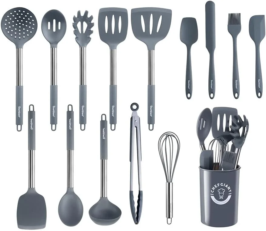 Silicone Cooking Utensils Set - Stainless Steel Handle, 15 Piece Kitchen Utensil Sets | Nonstick, Heat Resistant, BPA & Dishwasher Safe | Grey