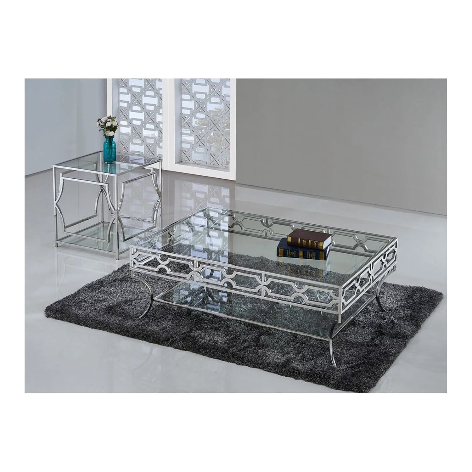 Best Master Abigail Glass and Stainless Steel Base Coffee Table in Silver