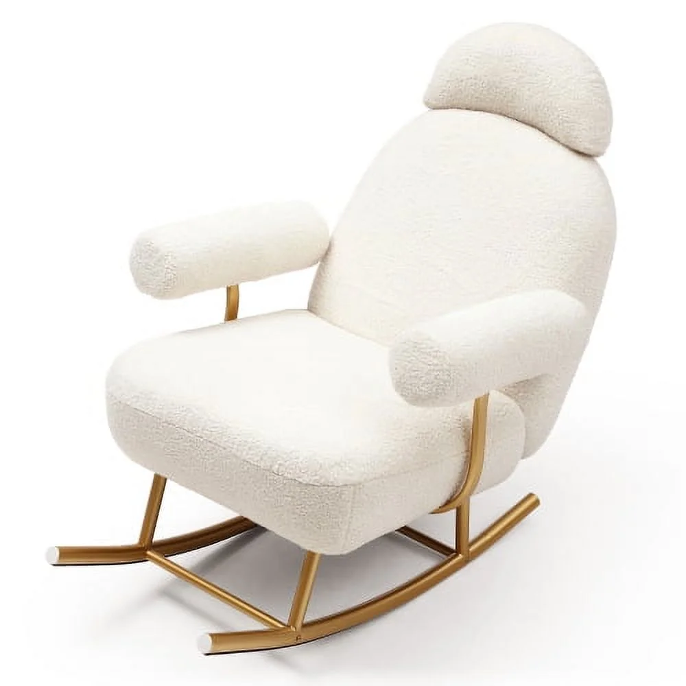 YLtoohoom Modern Sherpa Fabric Nursery Rocking Chair Accent Upholstered Rocker Glider Chair for Baby and  Comfy Armchair with Gold Metal Frame Leisure Sofa Chair for Nursery/Bedroom/Livin