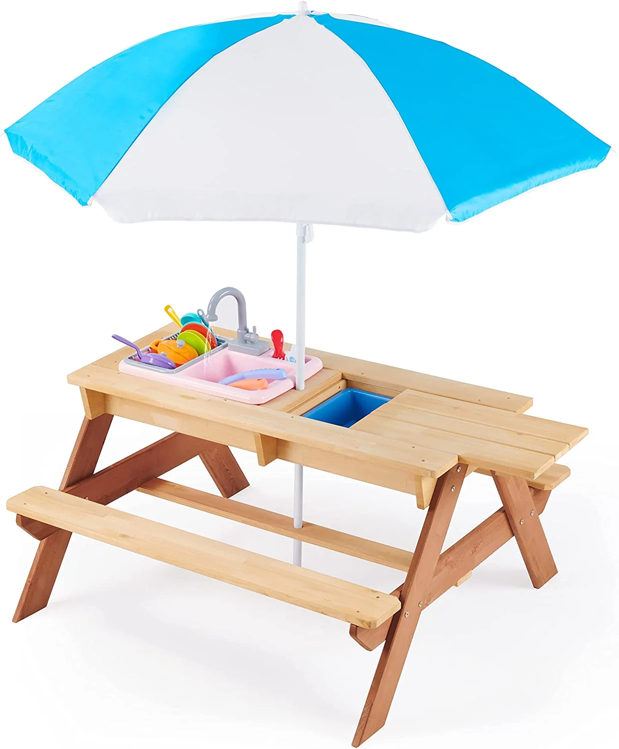 Kids Picnic Table, 3-in-1 Outdoor Wood Sand & Water Table w/Umbrella, Activity Table w/Sink, Faucet, Cooking Toys