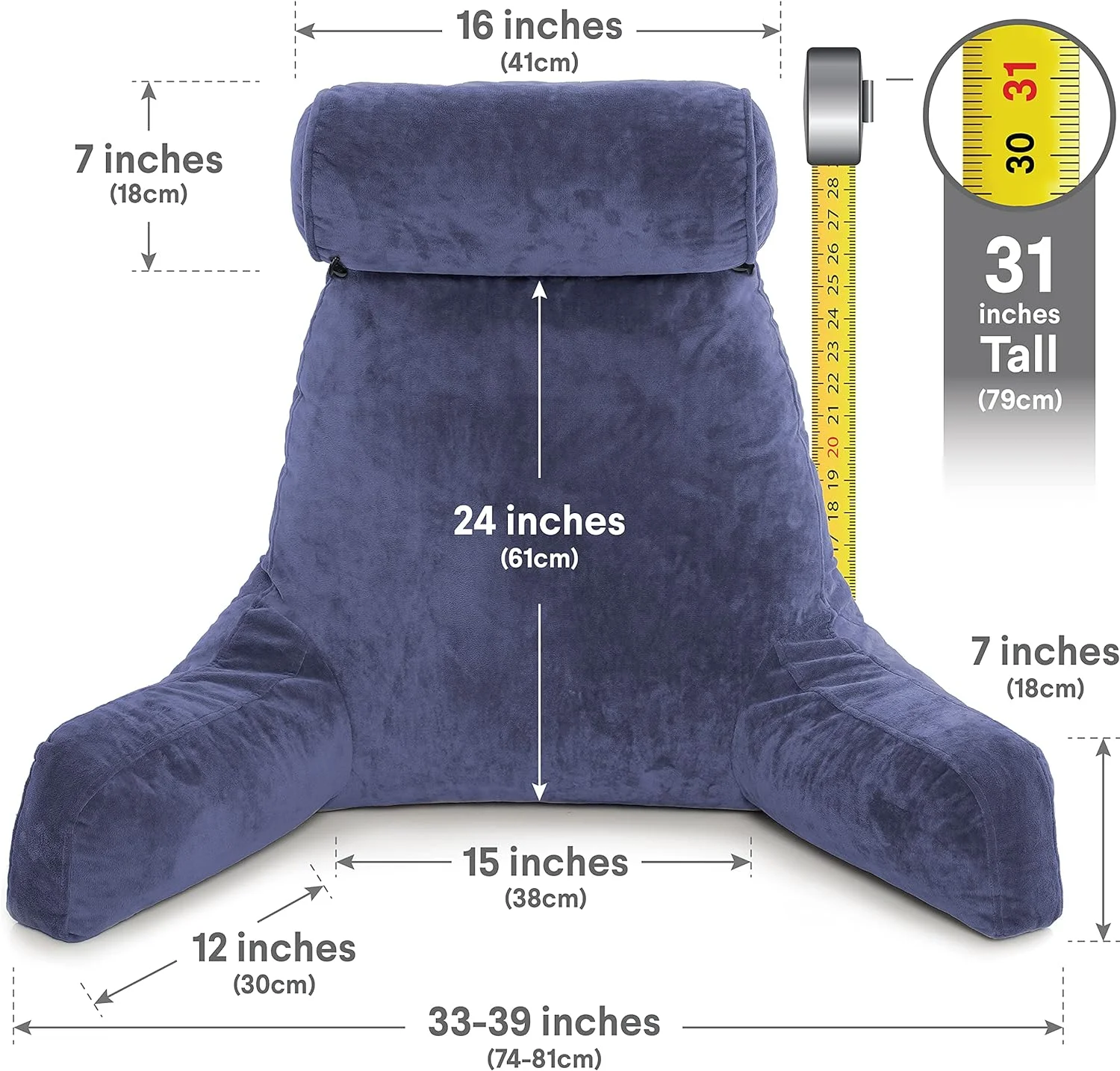 XXL Dark Blue Backrest with Arms Adult Reading Pillow Shredded Memory Foam Ultra-Comfy Removable Microplush Cover & Detachable Neck Roll, Unmatched Support Bed Rest Sit Up Pillow