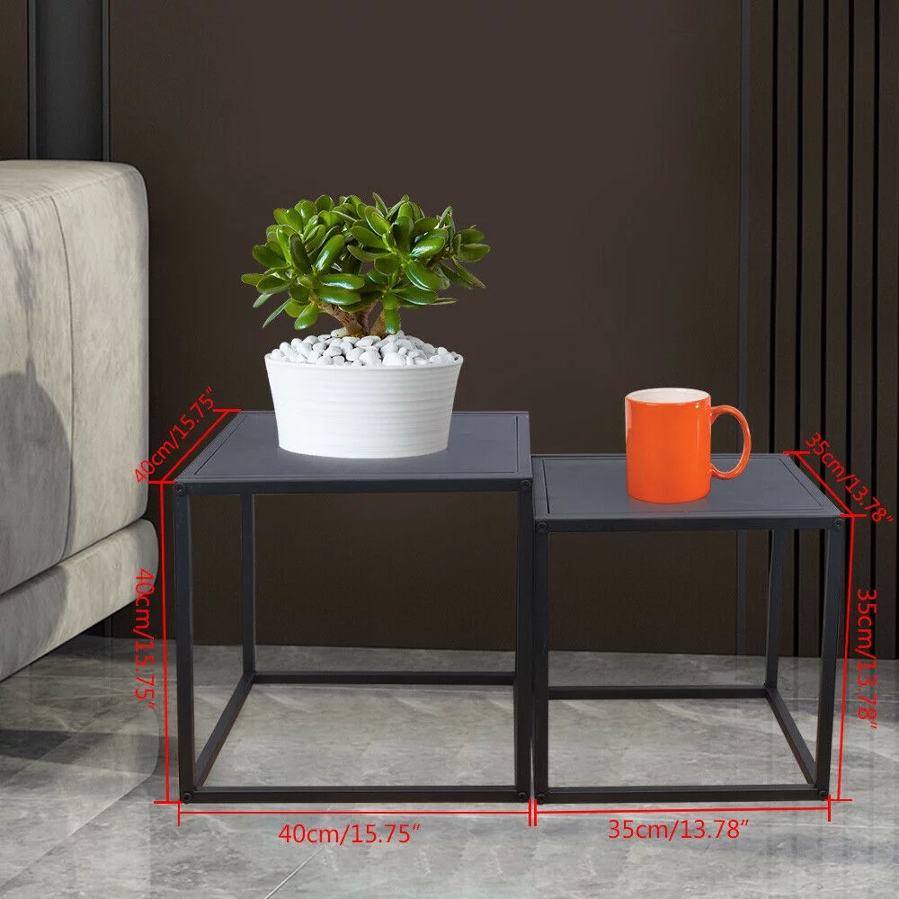 2PC Modern Metal Square Tray Coffee Table End Table Side Table Matte Black Plate