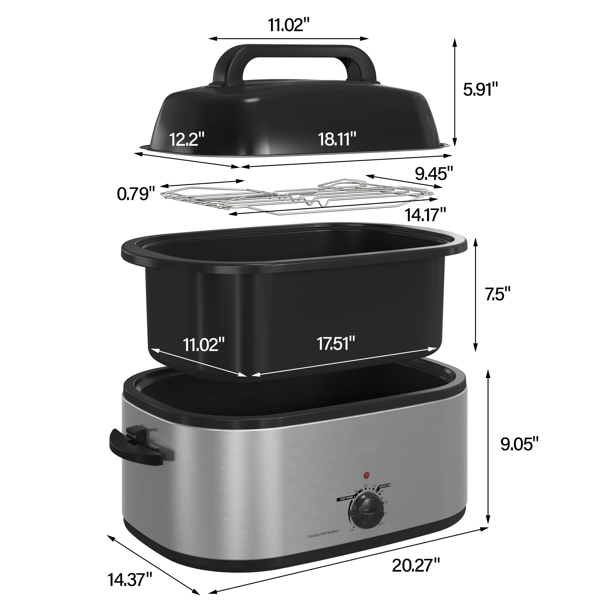 SUNVIVI 26 Quart Electric Turkey Roaster Oven with Visible Glass Lid, with Removable Pan & Rack, Stainless Steel,Silver