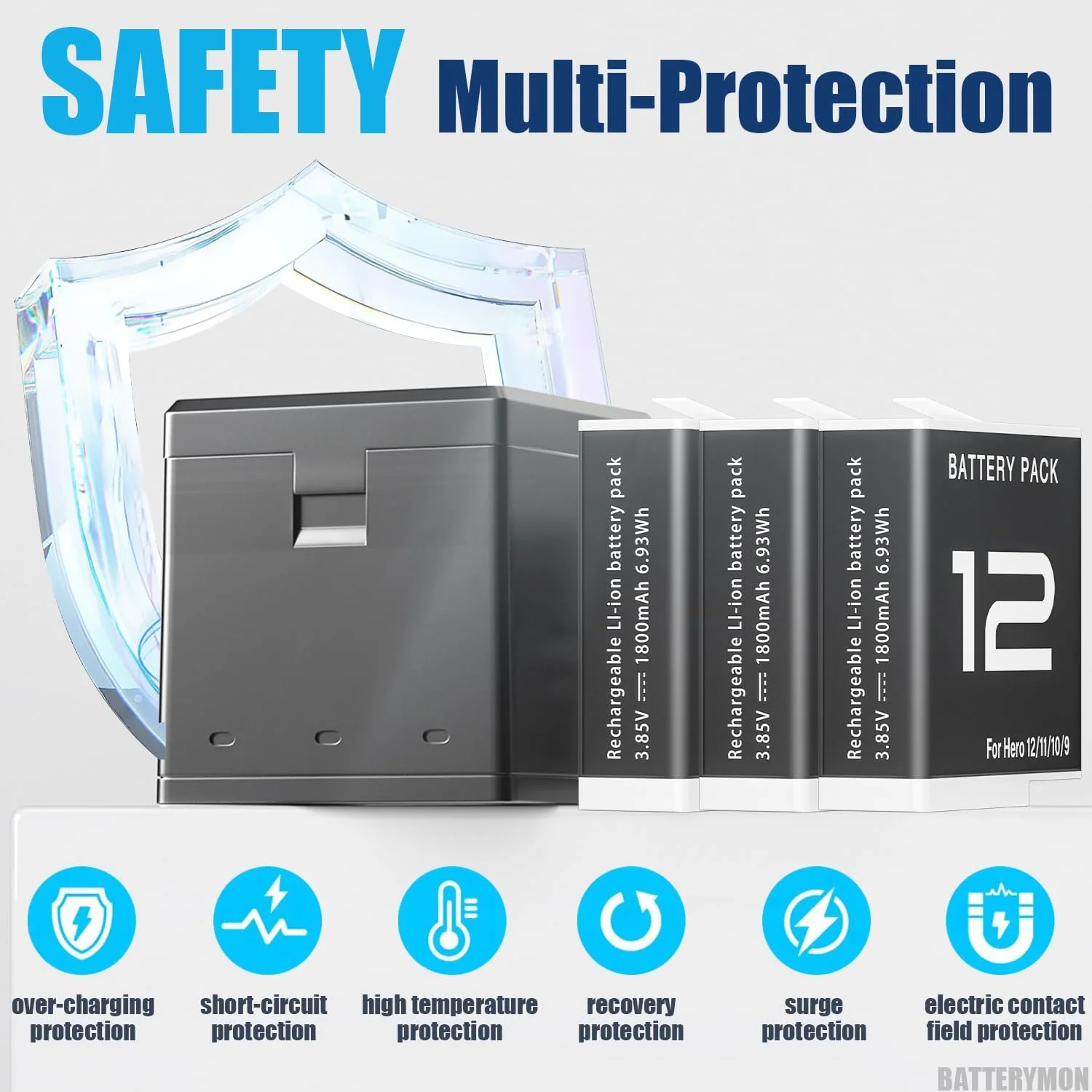 3Pack Hero 12 Batteries for GoPro Hero 12 Black Camera with 3-Channel Battery Charger, Compatible with Go Pro 12 Battery and Charger ADDBD-211 CHDHX-121-CN