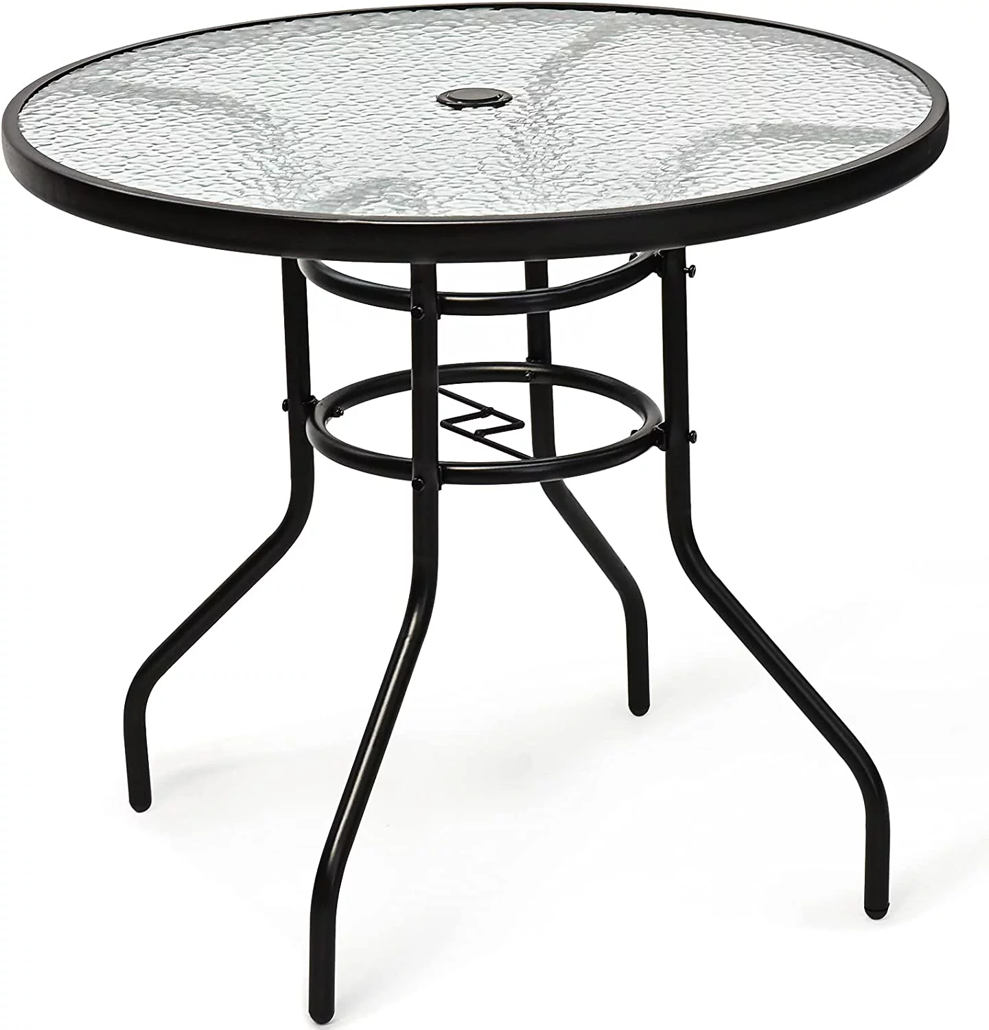 32'' Patio Table with Umbrella Hole, Outdoor Bistro Table w/Tempered Glass Top & Sturdy Metal Frame, Round Patio Dining Table Coffee Table for Garden, Balcony, Poolside
