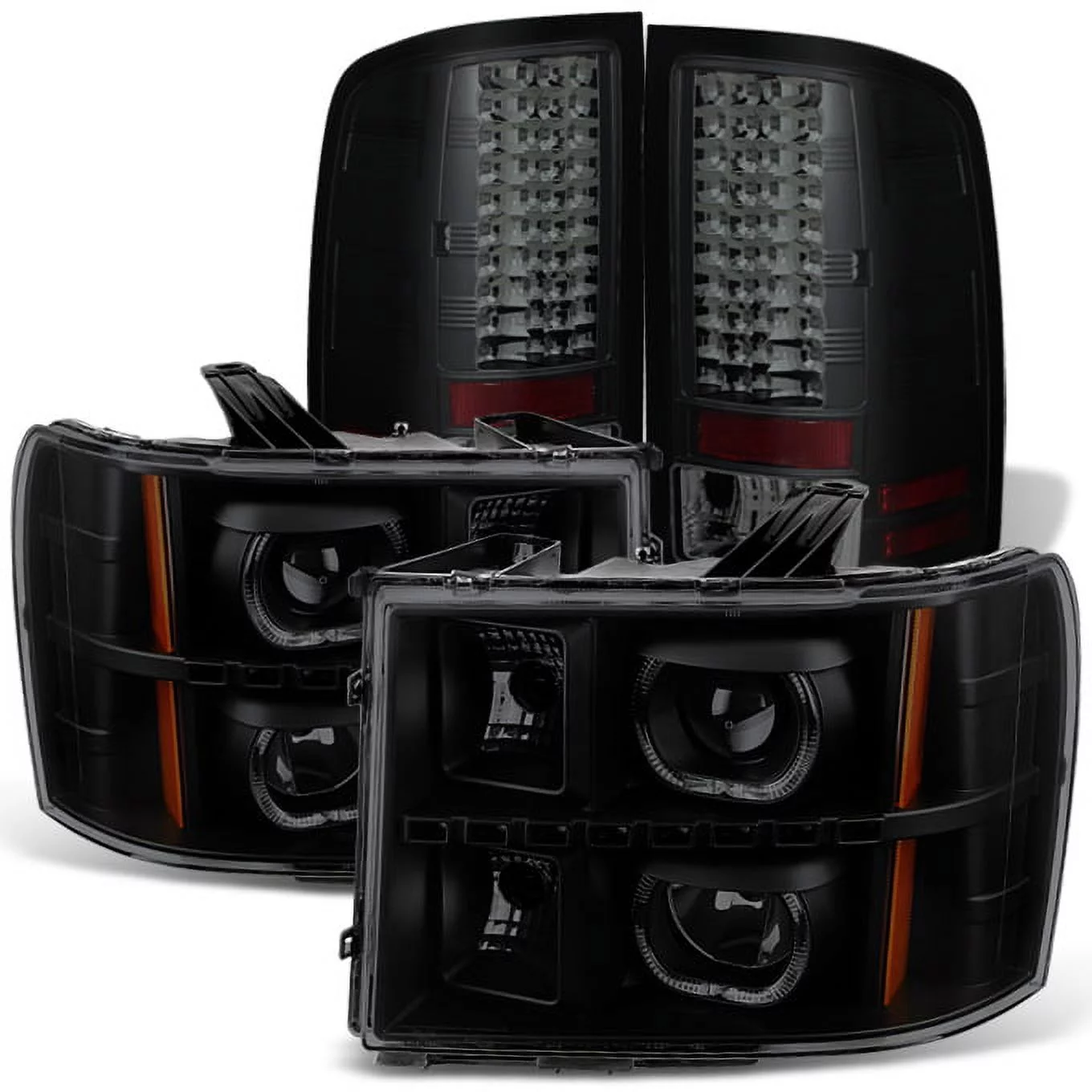 AKKON - For [Dual LED Halo Ring] 07-13 Sierra Pickup Truck Black Smoked Projector Headlights + LED Tail light Set