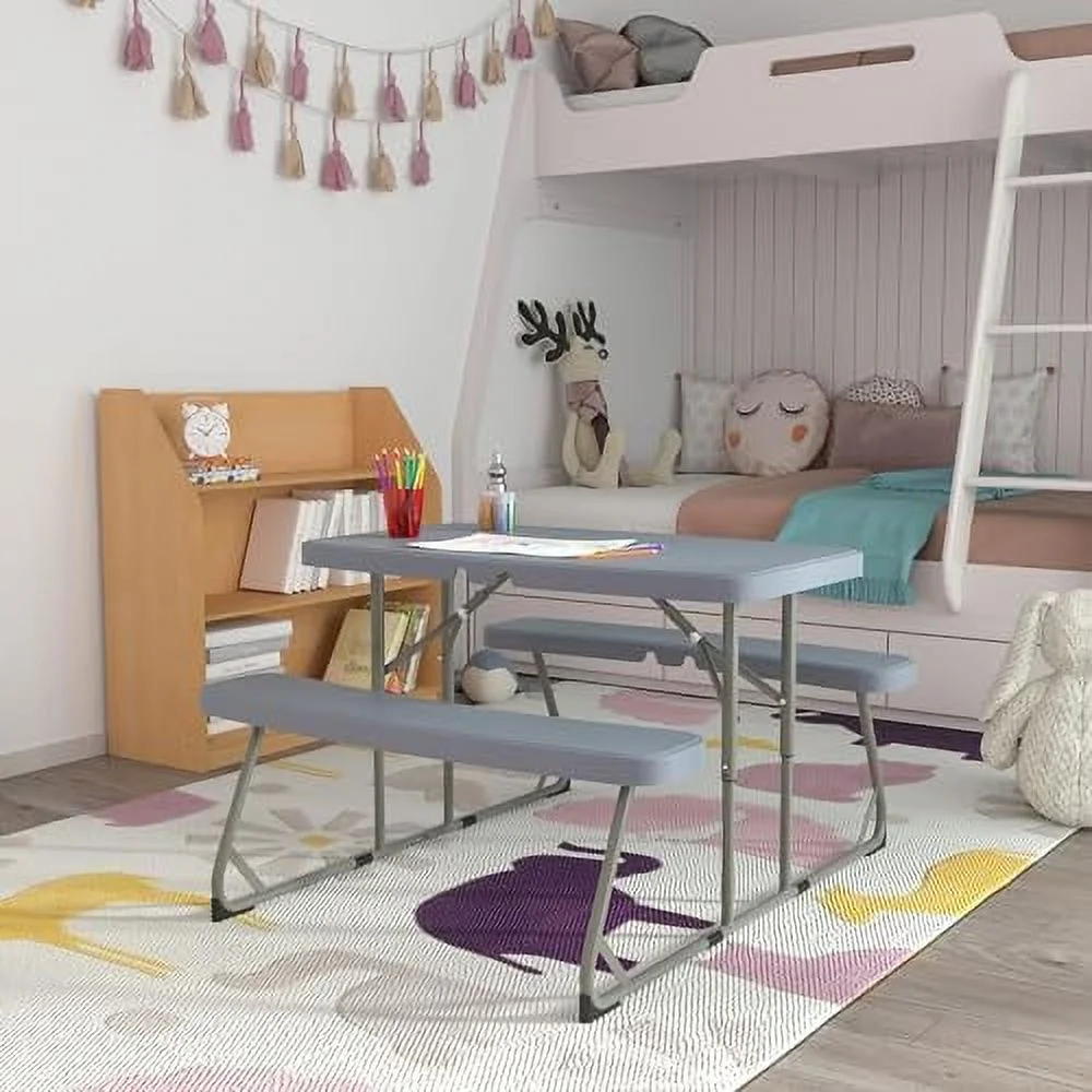 TJCGDTY Aryka Kid's Gray Easy Fold Waterproof  Stain and Impact Resistant Plastic Picnic Table with  and Gray Steel Tube Frame