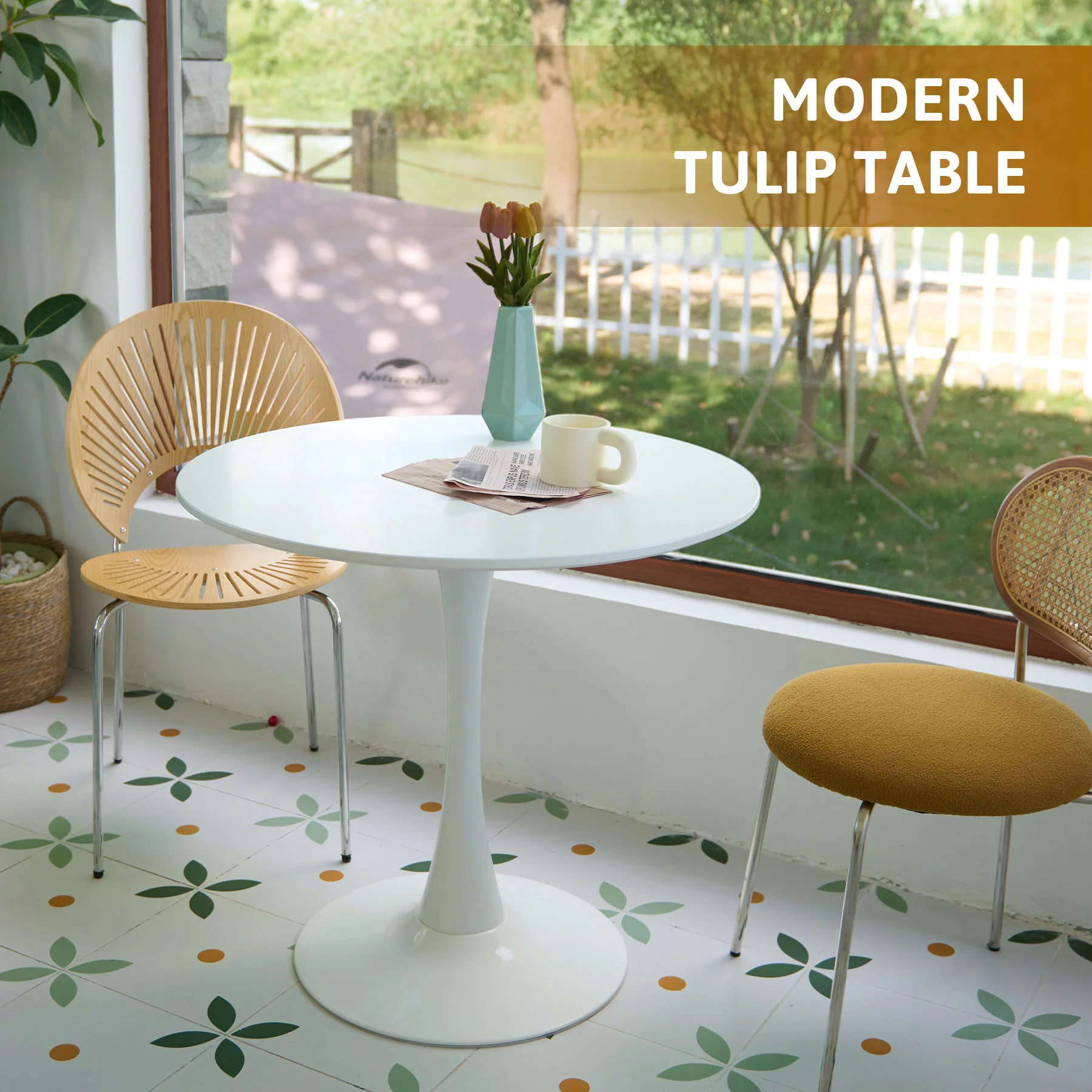 Bestco 32 in Round Kitchen & Dining Room Table with Steel Pedestal for 4 People White