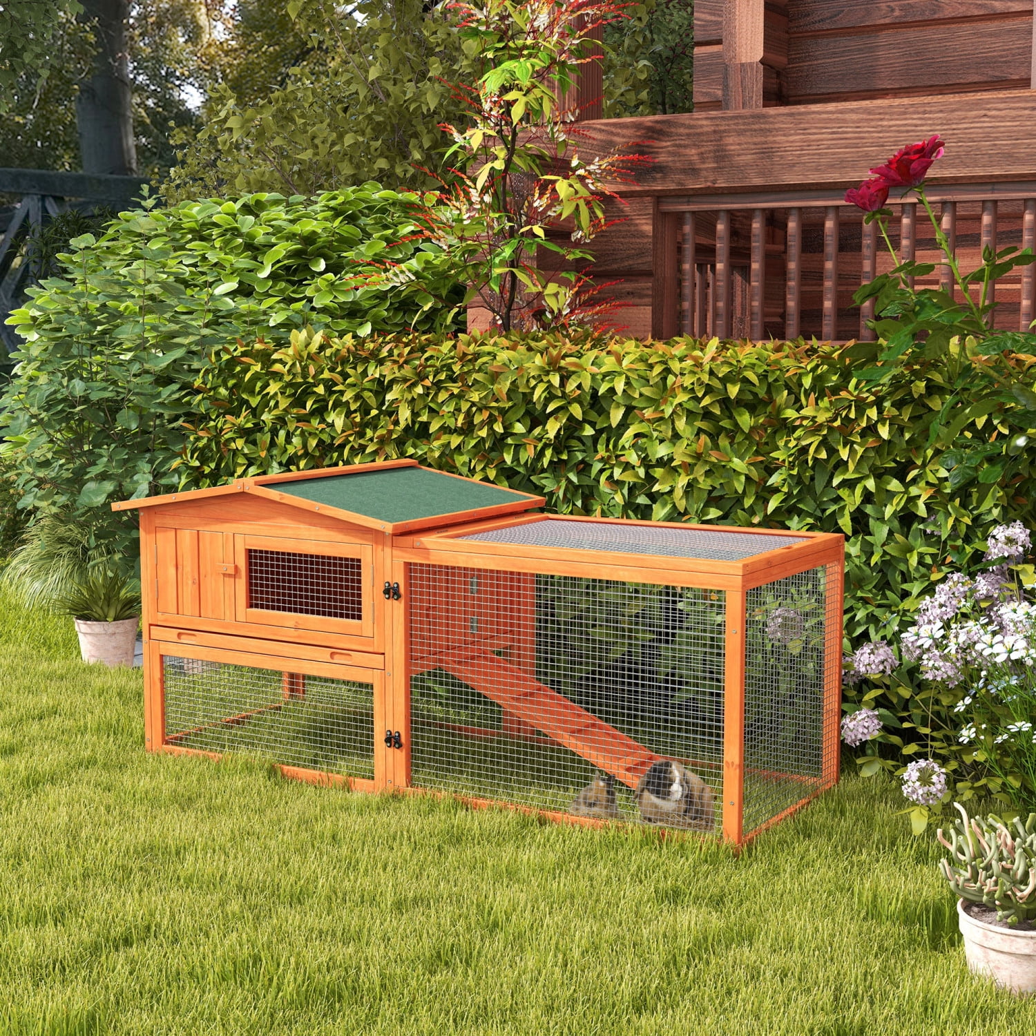 ZJbiubiuHome PawHut Rabbit Hutch 2-Story Bunny Cage Small Animal House with Slide Out Tray  Detachable Run  for Indoor Outdoor  61.5” x 23” x 27”  Orange